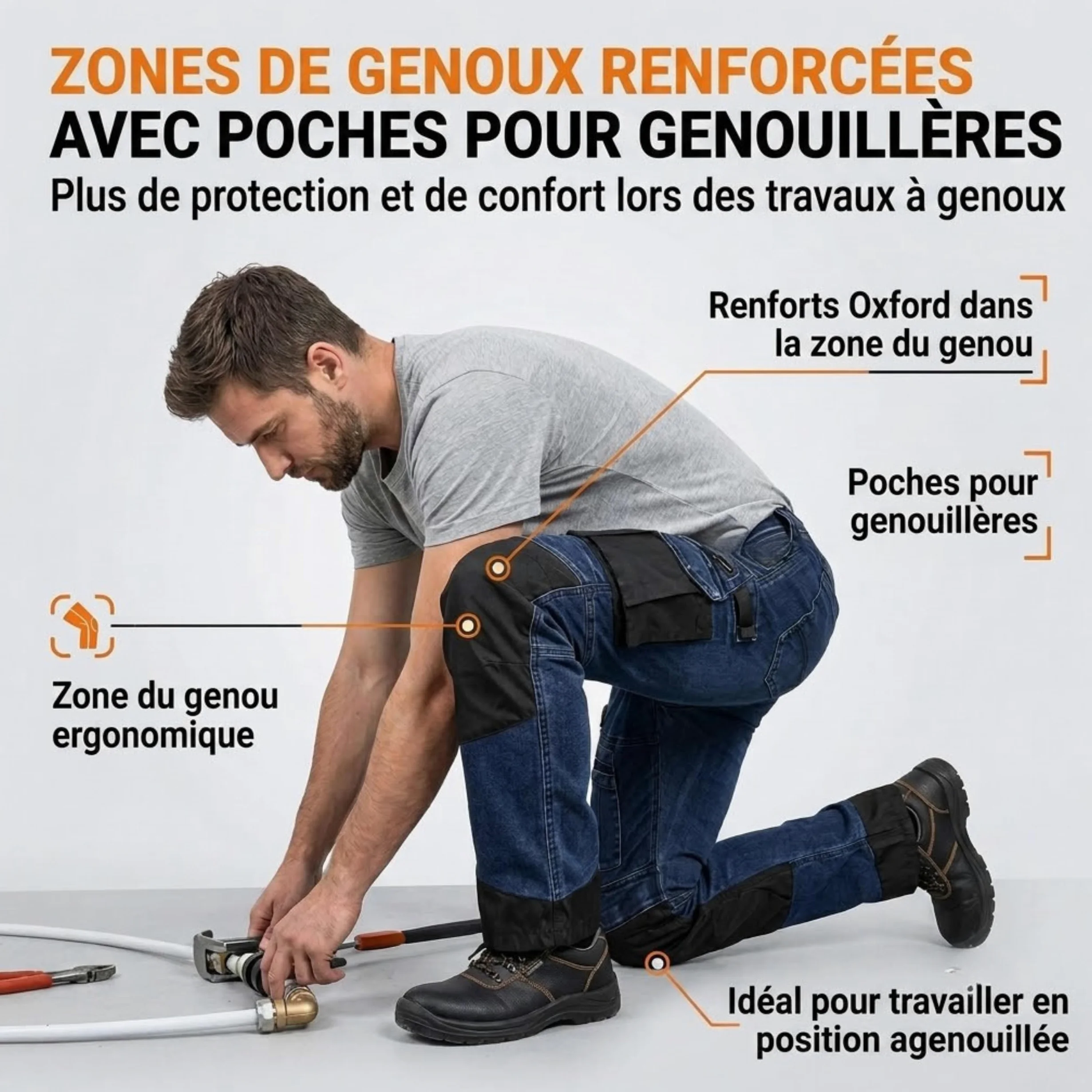 NEO TOOLS Pantalon de travail en jean robuste - Pantalon résistant pour homme en denim, 400 g/m², avec poches genouillères, renforts Oxford et stretch