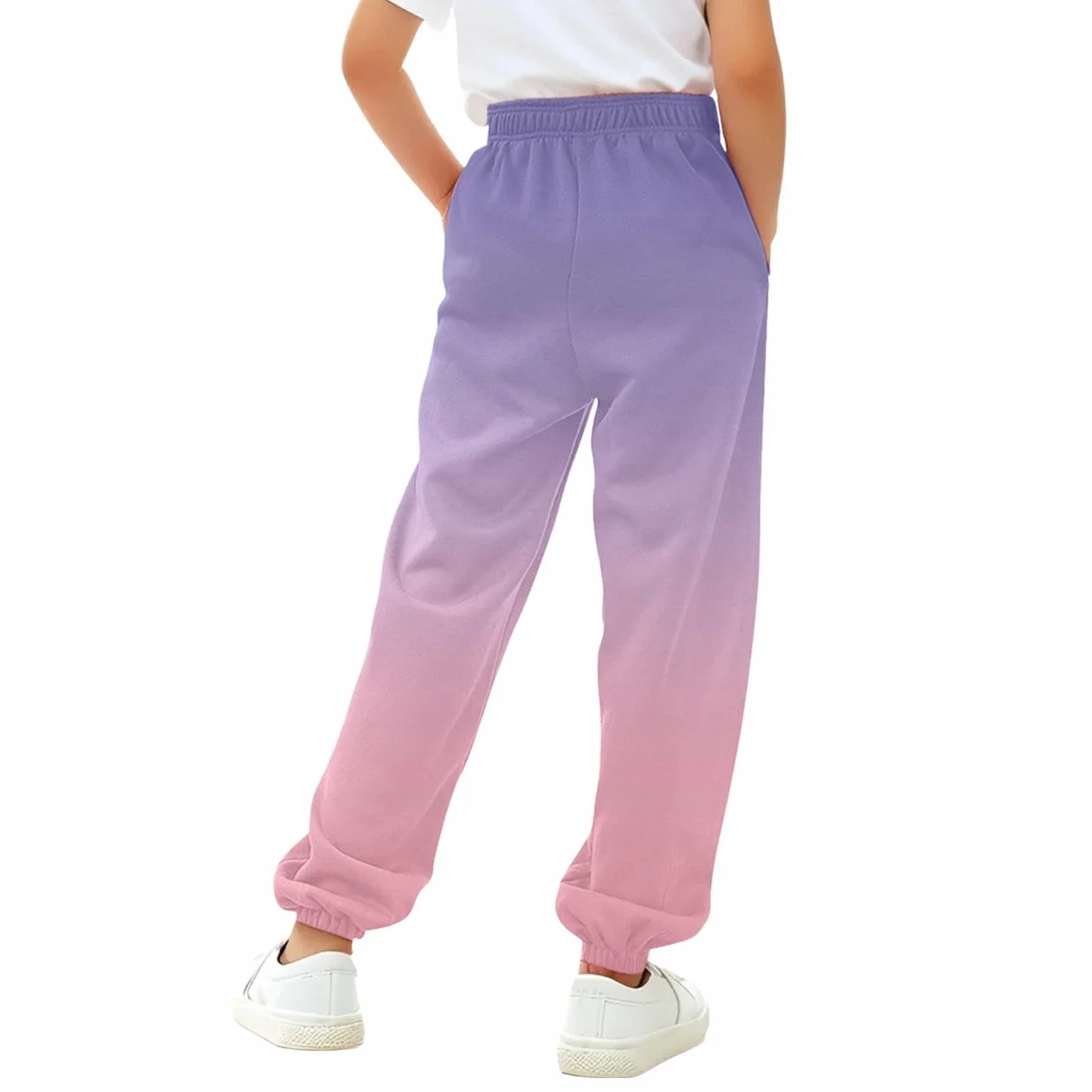 Pantalon de survêtement ample pour fille - Couleur dégradée - Taille élastique - Pour le sport - Avec poches - Pour l'école, l'entraînement athlétique - Avec cordon de serrage, rose, 7-8 ans