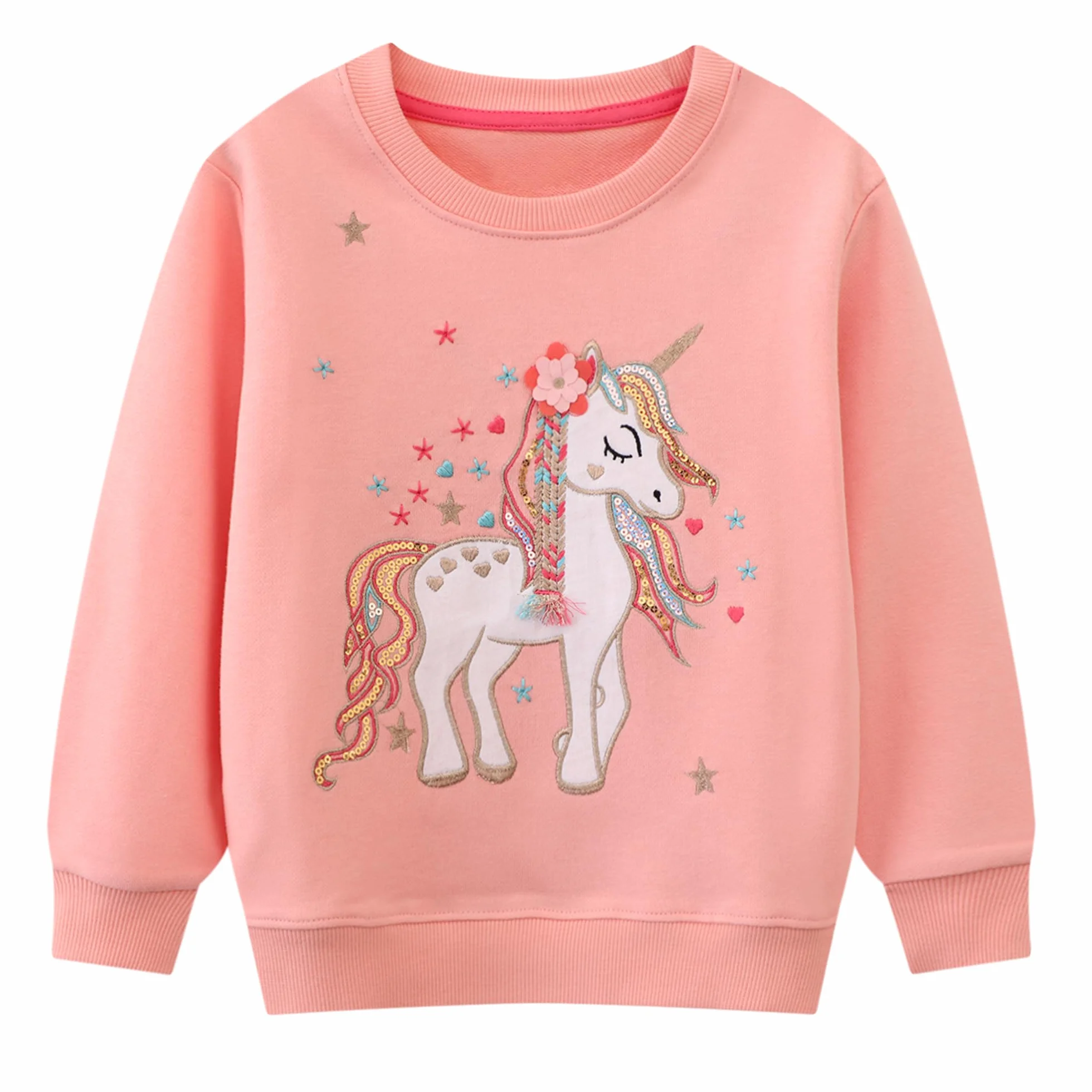 Fille Sweatshirts Sweats Coton Pulls à Manches Longues Paillettes Brodé Sweat-Shirt Col Rond Pull-Over sans Capuche Printemps Automne Hiver École Casaul Sport Tops pour Enfants 2-7 Ans