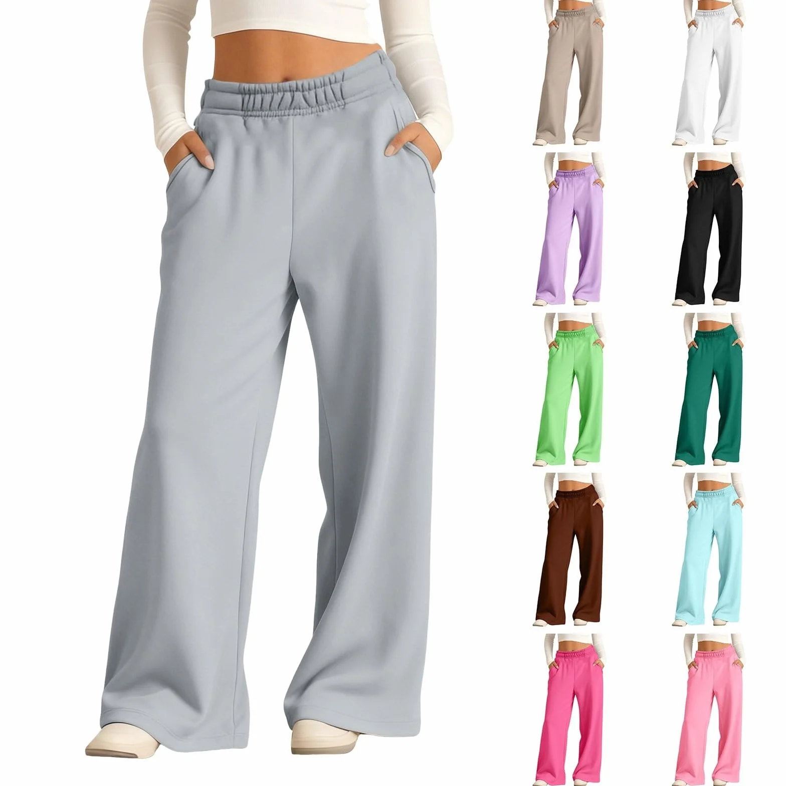 Pantalon de jogging ample à jambes larges pour filles avec poches, taille élastique, jambe droite, pantalon d'école, pantalon de sport uni, pantalon de survêtement athlétique de printemps