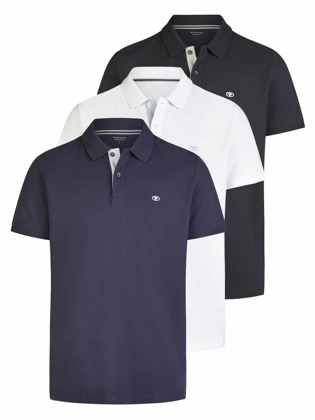 TOM TAILOR Lot de 3 polos à manches courtes en coton pour homme - Coupe droite - Pour l'été - Basiques - Couleur unie - Blanc, bleu, noir, olive, gris - Tailles S, M, L, XL, XXL, 3XL