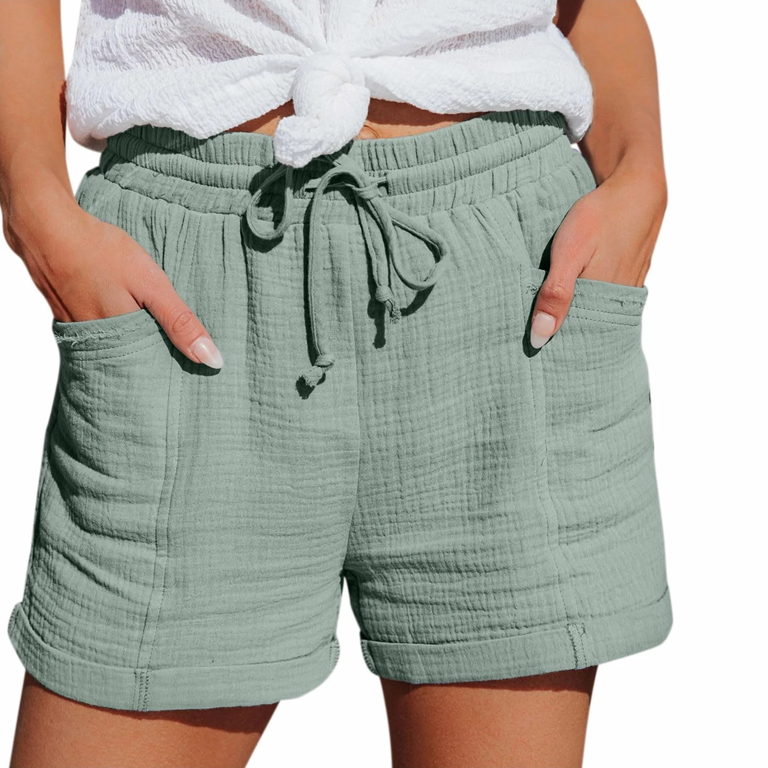 Bermuda Short Femme en Lin Et Coton Ete Shorts Et Bermudas Femme De Plage Taille Elastique Shorts Jogging avec Poches Large Pantalon Court Leger Chic avec Cordon De Serrage pour Vacances