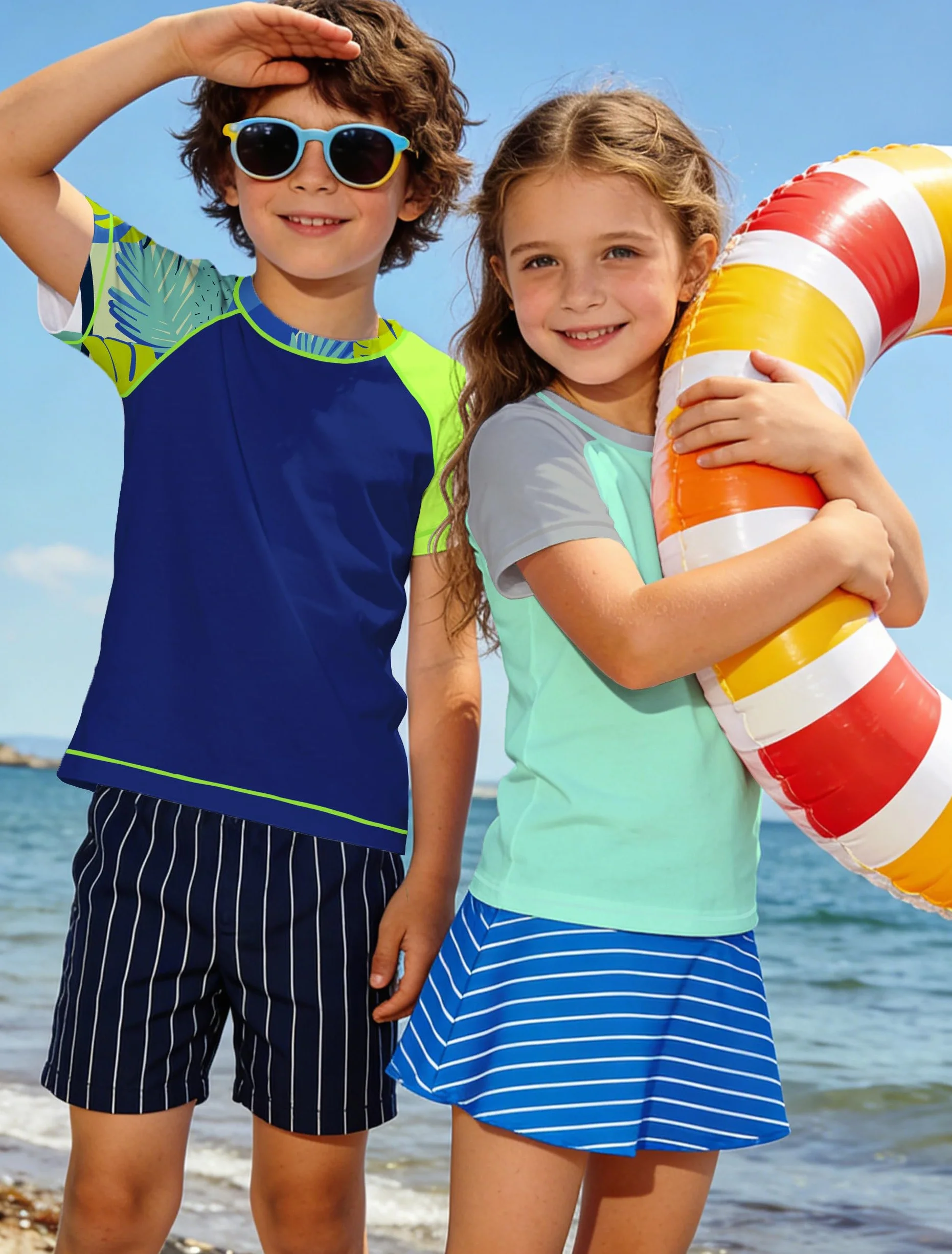 ANGEL CITIZ Rashguard Enfant Garçon Manches Courtes Haut de Maillot de Bain Anti-UV UPF 50+ Séchage Rapide Chemise Natation pour 8-12 Ans Adapté à la Natation Plage Piscine