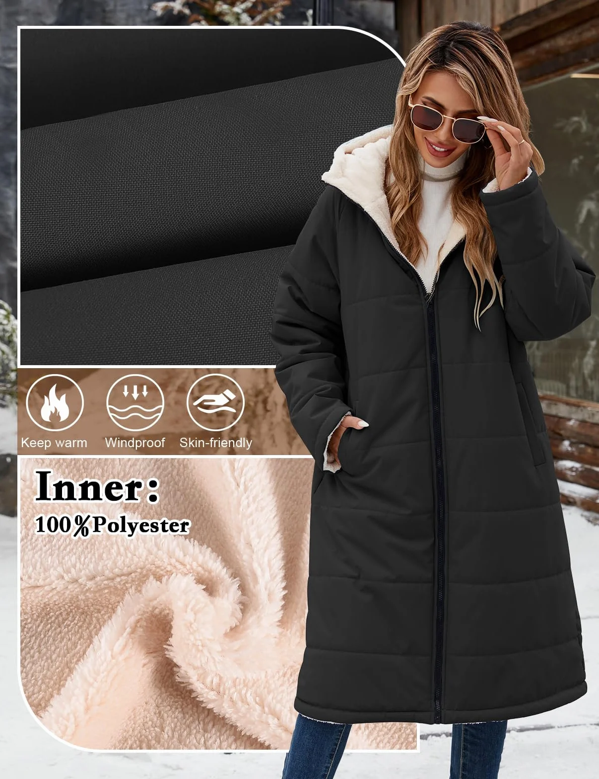 Vancavoo Manteau Hiver Femme Long Polaire Parka Veste Matelassée Chaude | Réversible Parka avec Déperlante, Capuche Fixe, Zip Intégral et Poches Latérales