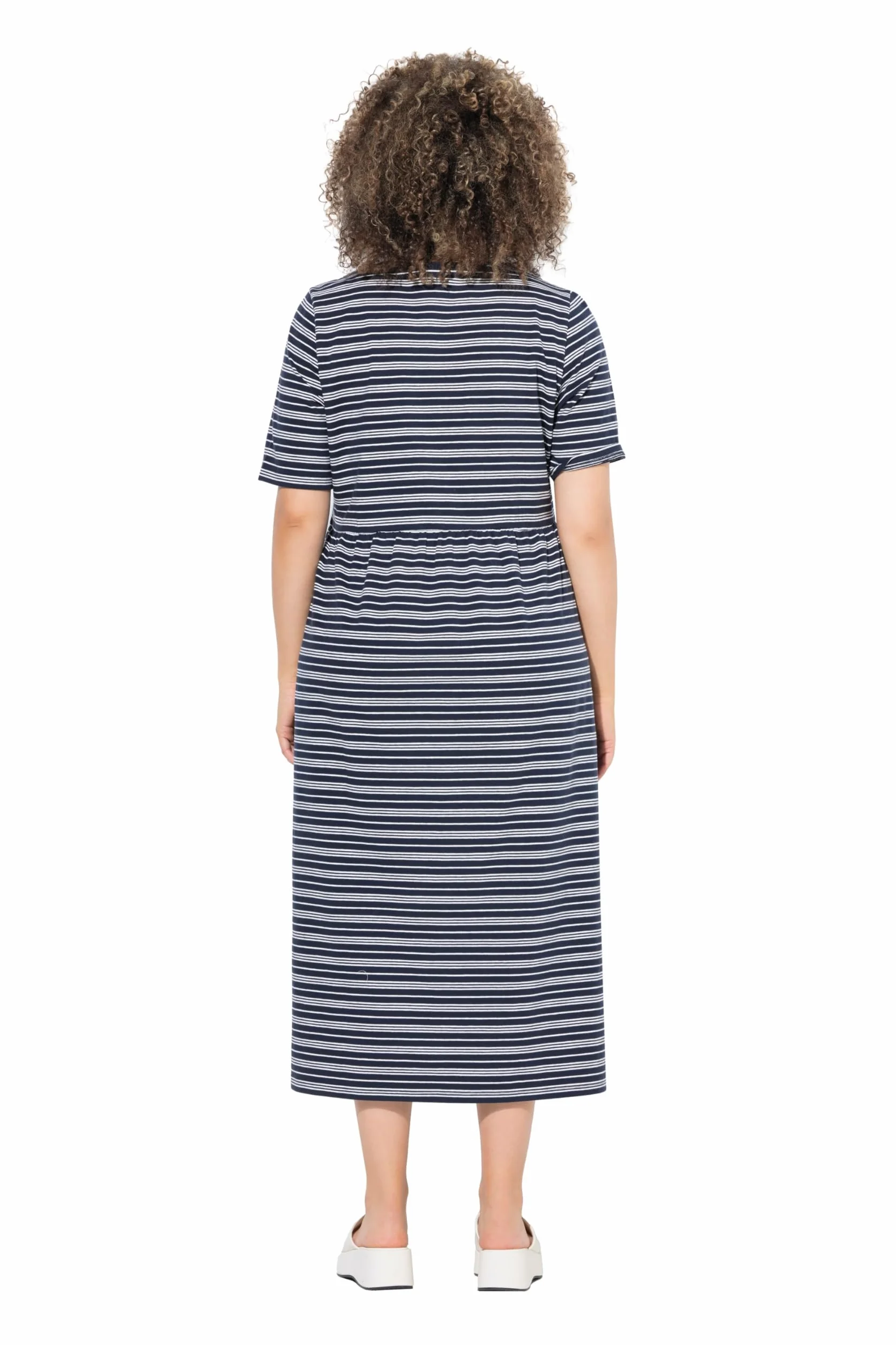 Ulla Popken Femme Grandes Tailles Robe midi à Rayures, décolleté en V et Manches Courtes, Coupe évasée 841136