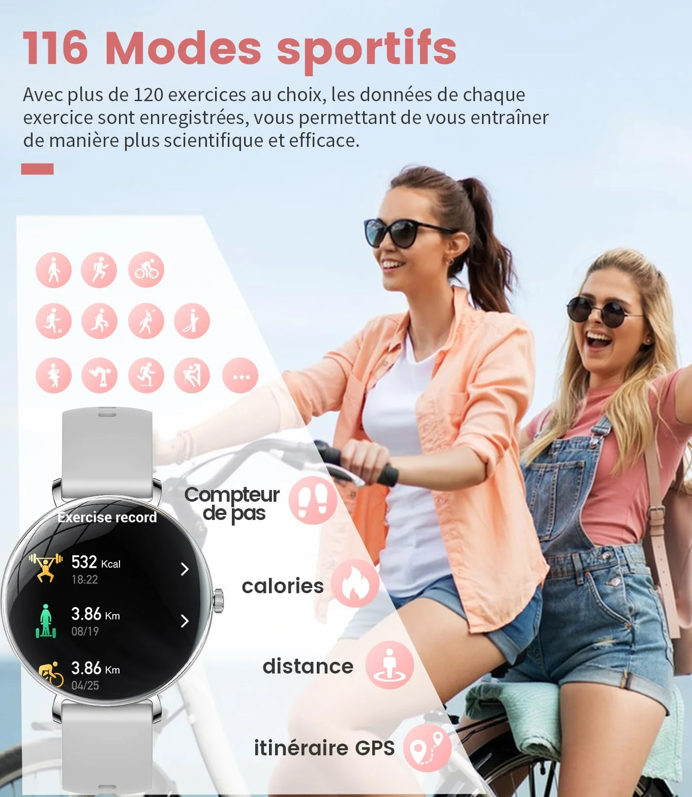 SUNKTA Montre Connectée Femme Léger avec 1.43'' Écran Courbé AMOLED Appels Cycles Menstruels/Podómetro/Fréquence Cardiaque 100+ Modes Sportifs 5ATM Imperméable Élégante Femme Smartwatch Android iOS