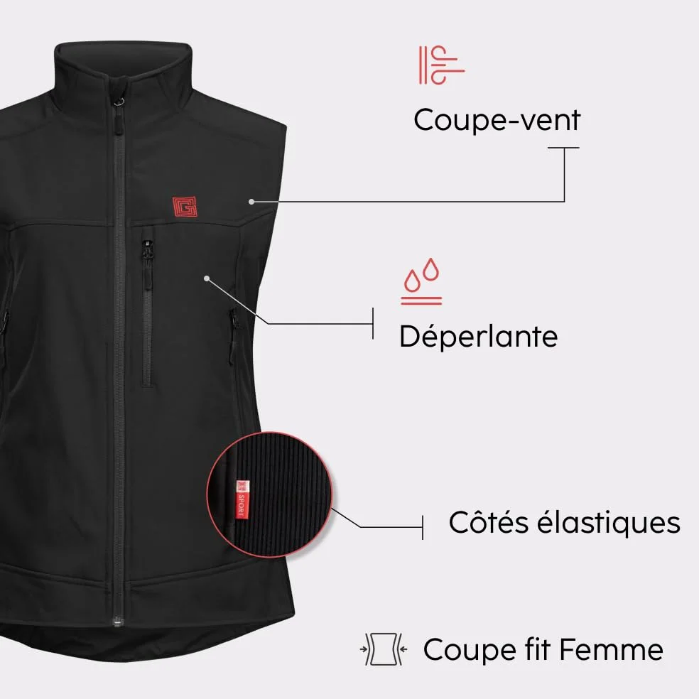 G-HEAT - Gilet chauffant EVO femme - Coupe féminine - Coupe-vent - déperlant - imperméable. Usages : ville, sport, travail. Fourni avec batterie et câble de recharge