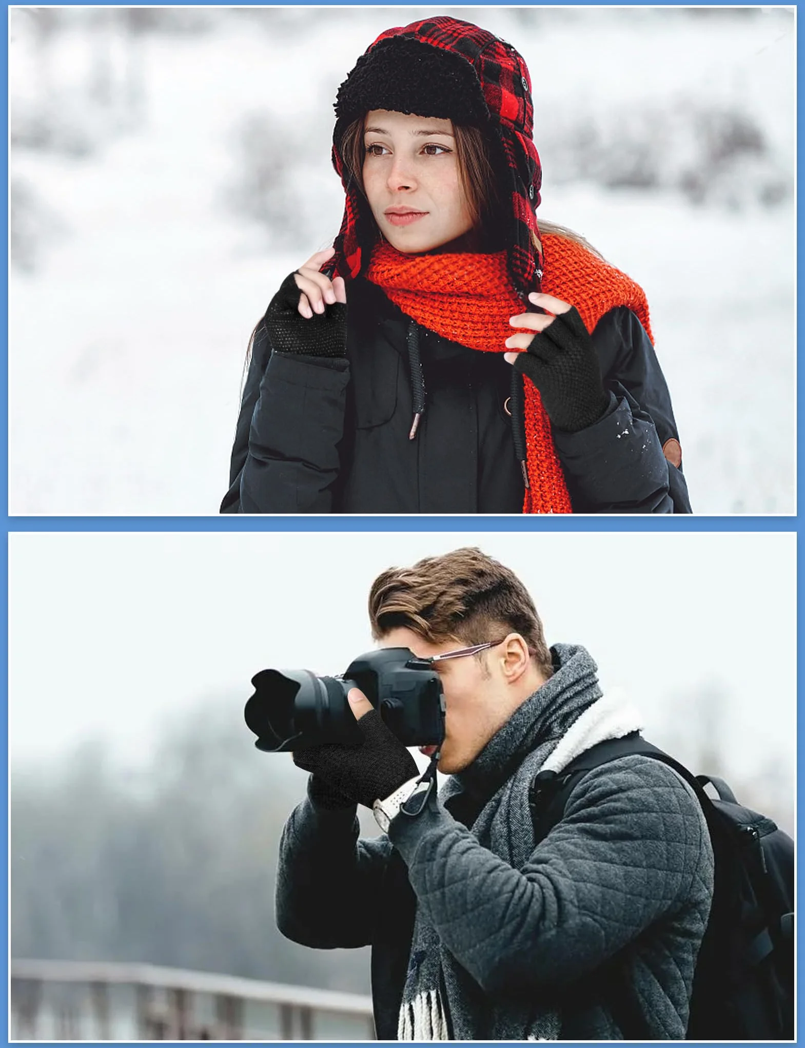 Kiiwah 2 Paires Gants d'Hiver Sans Doigts Antidérapant pour Hommes et Femmes, Chaude Mitaine Demi-Doigts Élastique pour Photographie, Conduite, Sport, Activités Plein Air Hiver