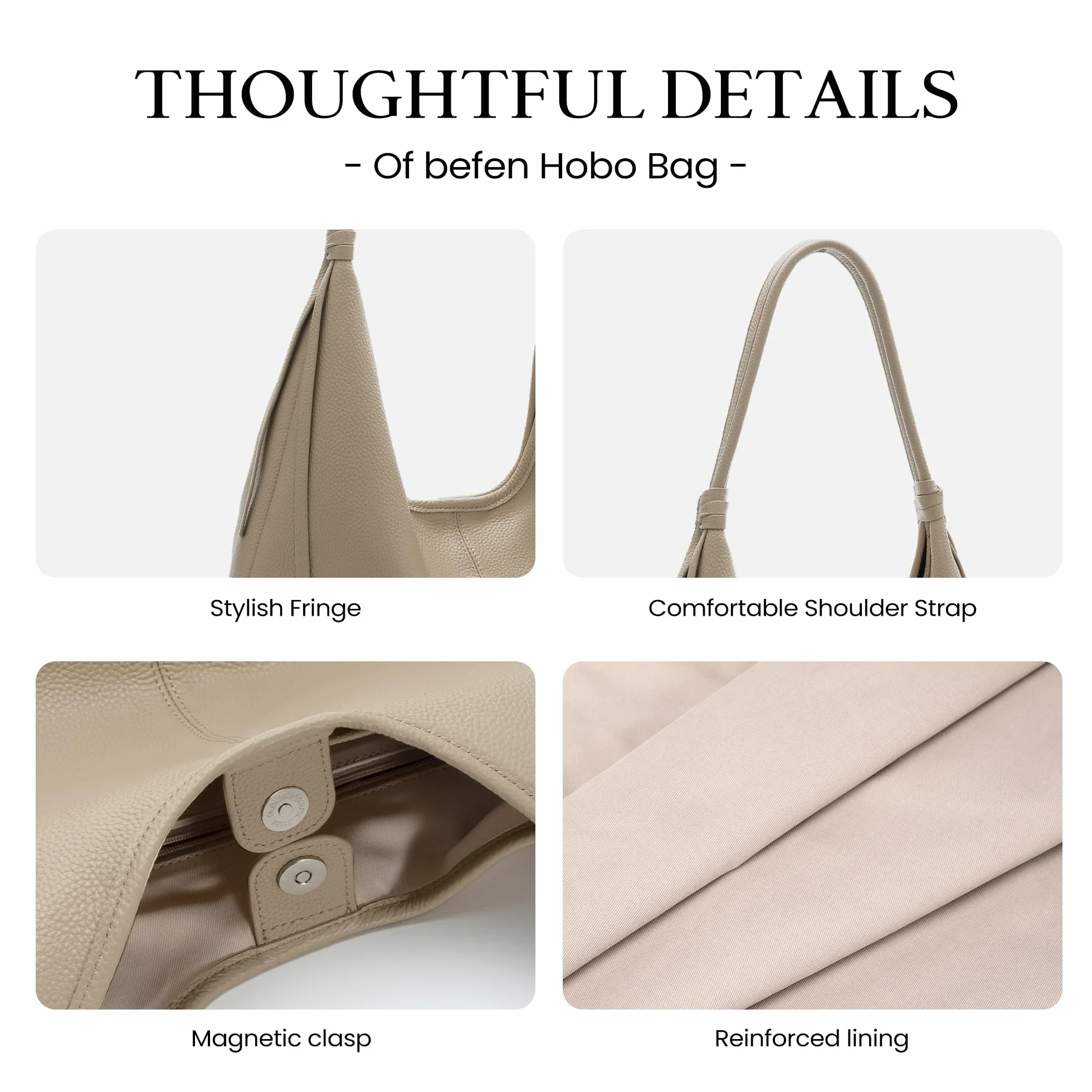 befen Sacs Hobo en Véritable Cuir pour Femmes, Cabas à Main Multifonction Sac a Main avec Ruban à Pompons pour Travail Shopping Party Voyage