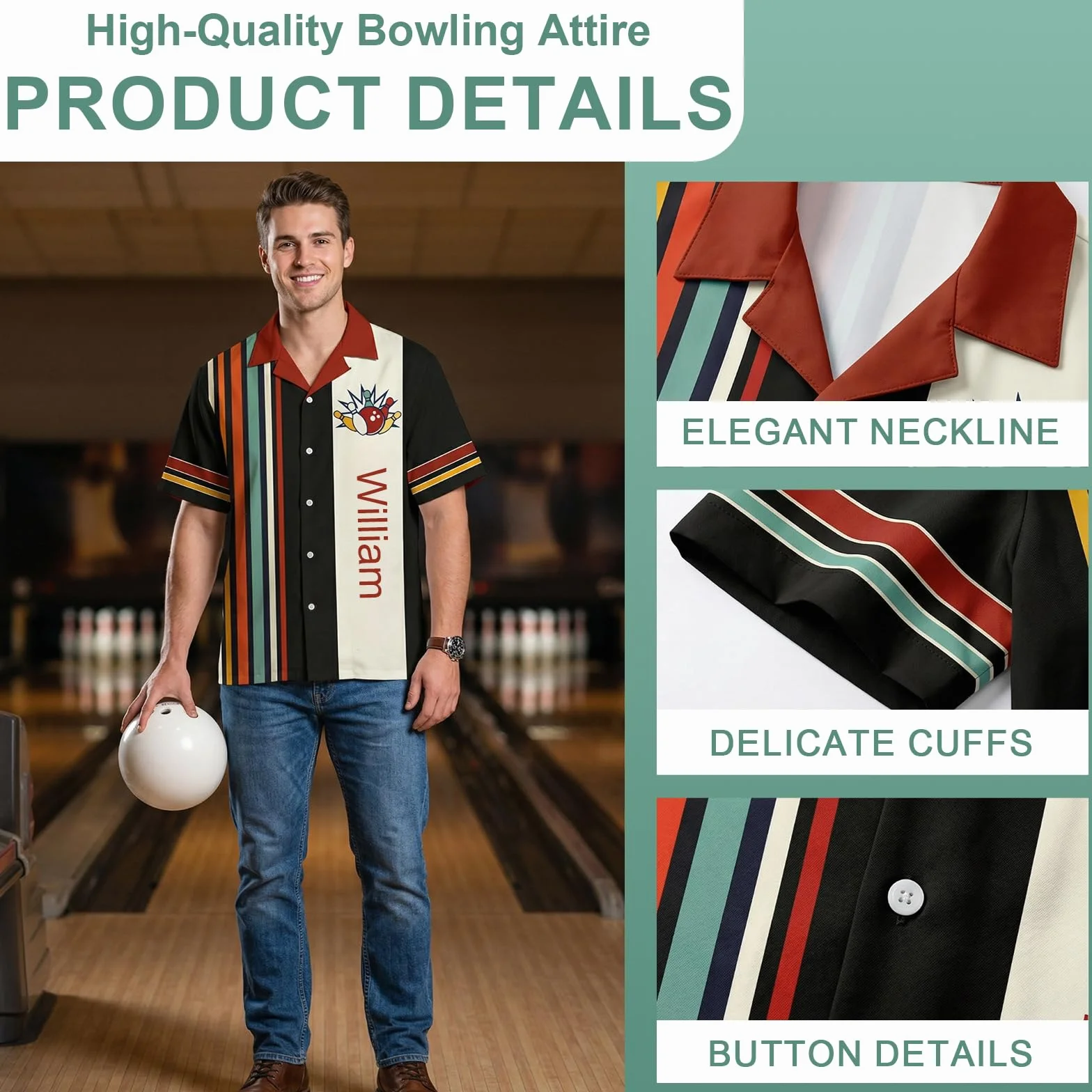 Maillot de Bowling personnalisé avec nom et Logo – Chemise de Bowling rétro hawaïenne pour équipe, Polo Manches Courtes – Tenue de Bowling sur Mesure Cadeau pour Homme et Femme