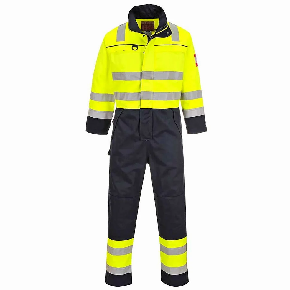Portwest FR60 Combinaison Haute Visibilité Risques Poche Poitrines Soudure | Jaune/Marine, 4XL, EN ISO 20471 Classe 3, EN ISO 11612, Coutures Triples Renforcées, Fermeture en Laiton Robuste, Multinorme