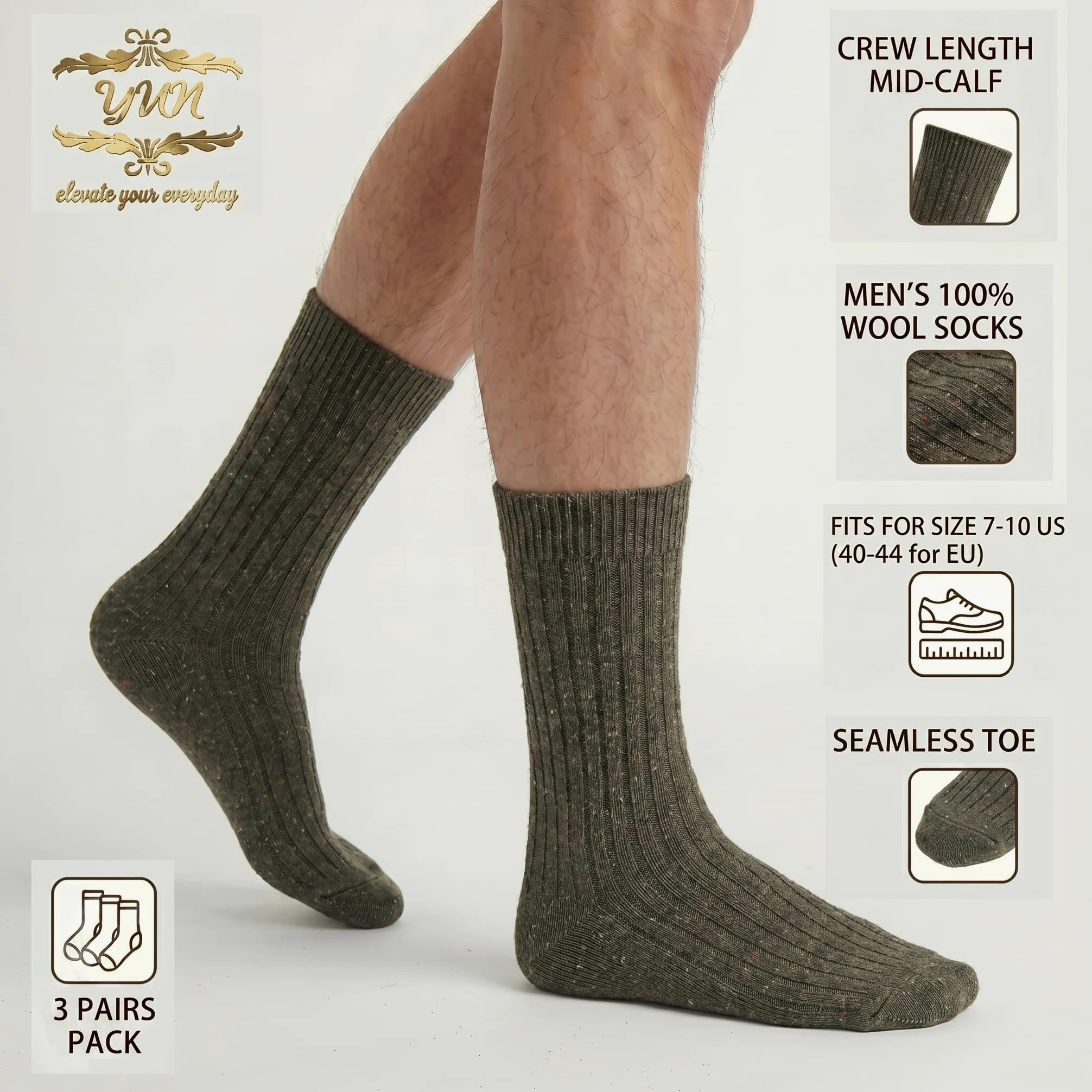 YUN Lot de 3 paires de chaussettes d'hiver traditionnelles pour homme 100 % laine