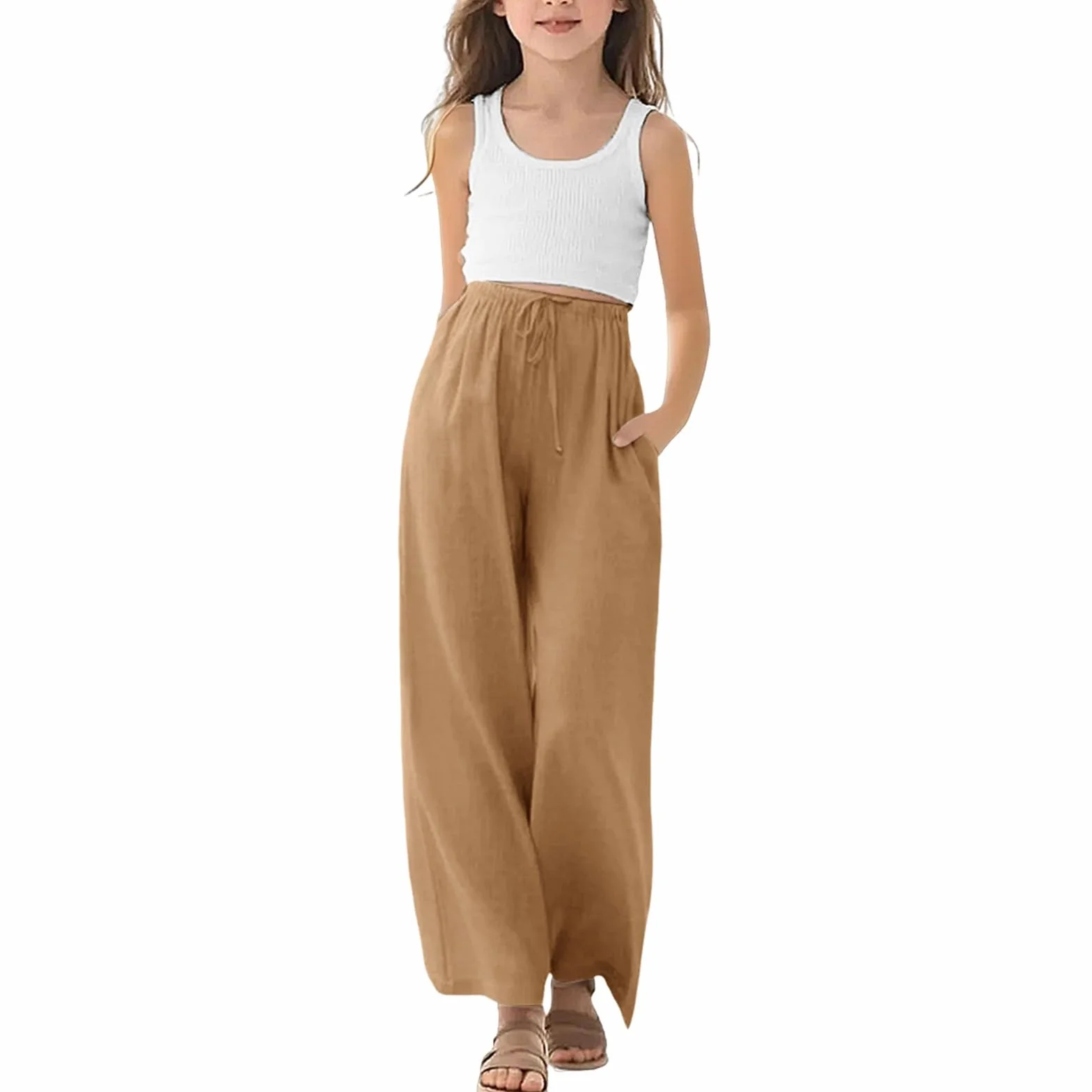 Pantalons Fille Coton Et Lin De Survêtement Doux Léger à Jambe Large Taille Haute Extensible pour Enfants Uni Droit Décontracté Pantalon De Sport avec Poches Confortable Fluide Et Respirant Pants
