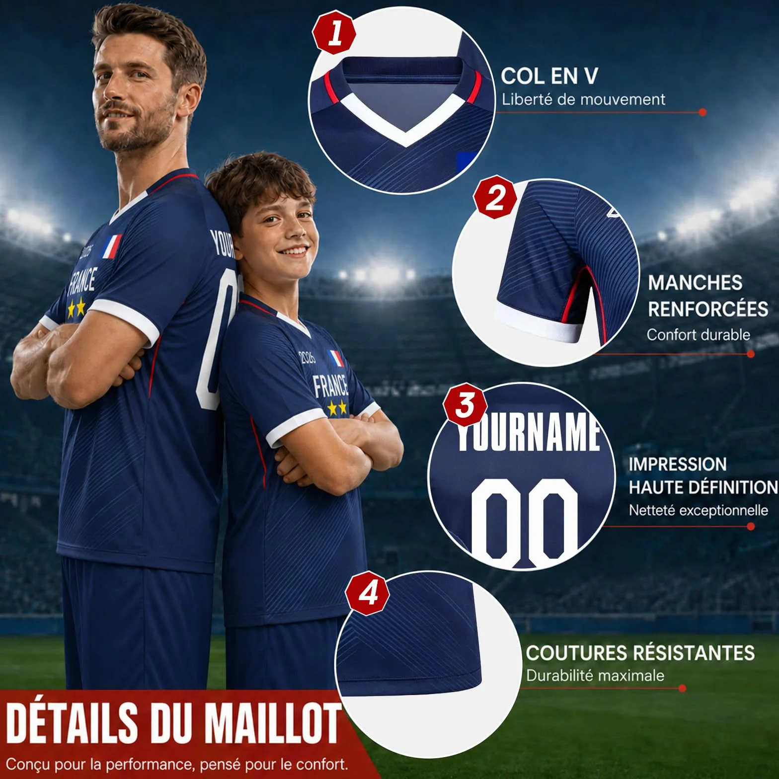Maillot France 2026 Maillot de Foot Enfant Personnalisé avec Nom et Numéro T-Shirt de Football pour Homme Garçon Adulte, Confortable Respirant, Cadeaux de Football Personnalisés