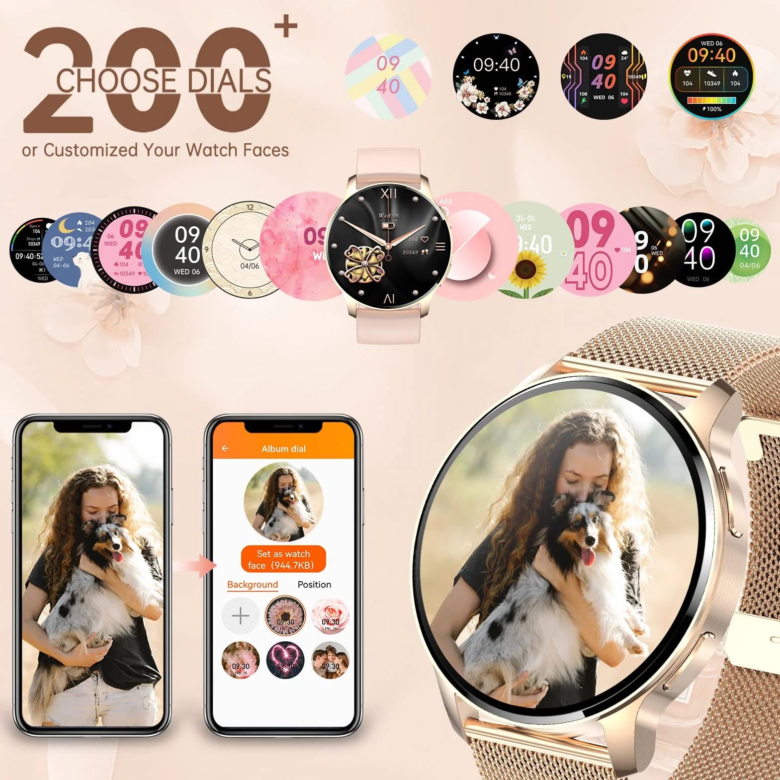 Montre Connectée Femme Appel Bluetooth et Assistant AI Notification Intelligente Smartwatch Fréquence Cardiaque Sommeil Étanche Tracker d'activité Podomètre 3 Bracelets Montre Sport pour Android iOS