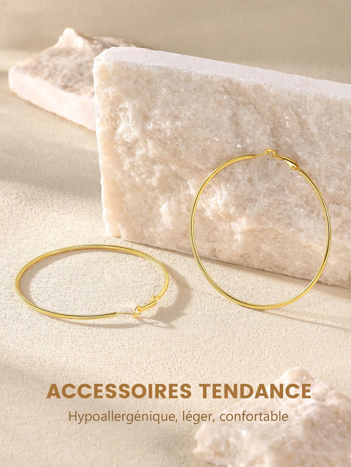GoldChic Créole Femme Acier Inoxydable/Plaqué Or, Boucle d'Oreille Grand Anneau, Diamètre de 30/50/70/100 mm, Women's Hoop Earrings