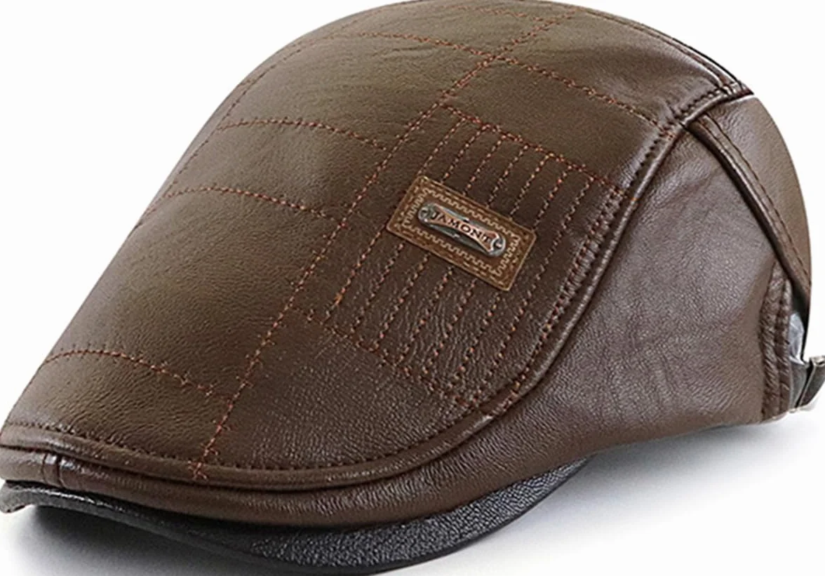 Gorros de Boina Para Hombre de Cuero Casquillo Plana Sombrero Para Mujer Boina de Cuero Ajustable 56-60CM PU