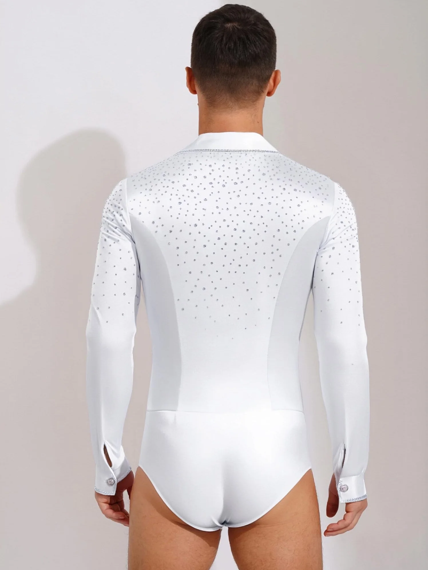 Oyolan Homme Justaucorps Danse Latine Moderne Jazz Salsa Cha Cha Body Gymnastique Bodysuit Patinage Artistique Manches Longues Strass