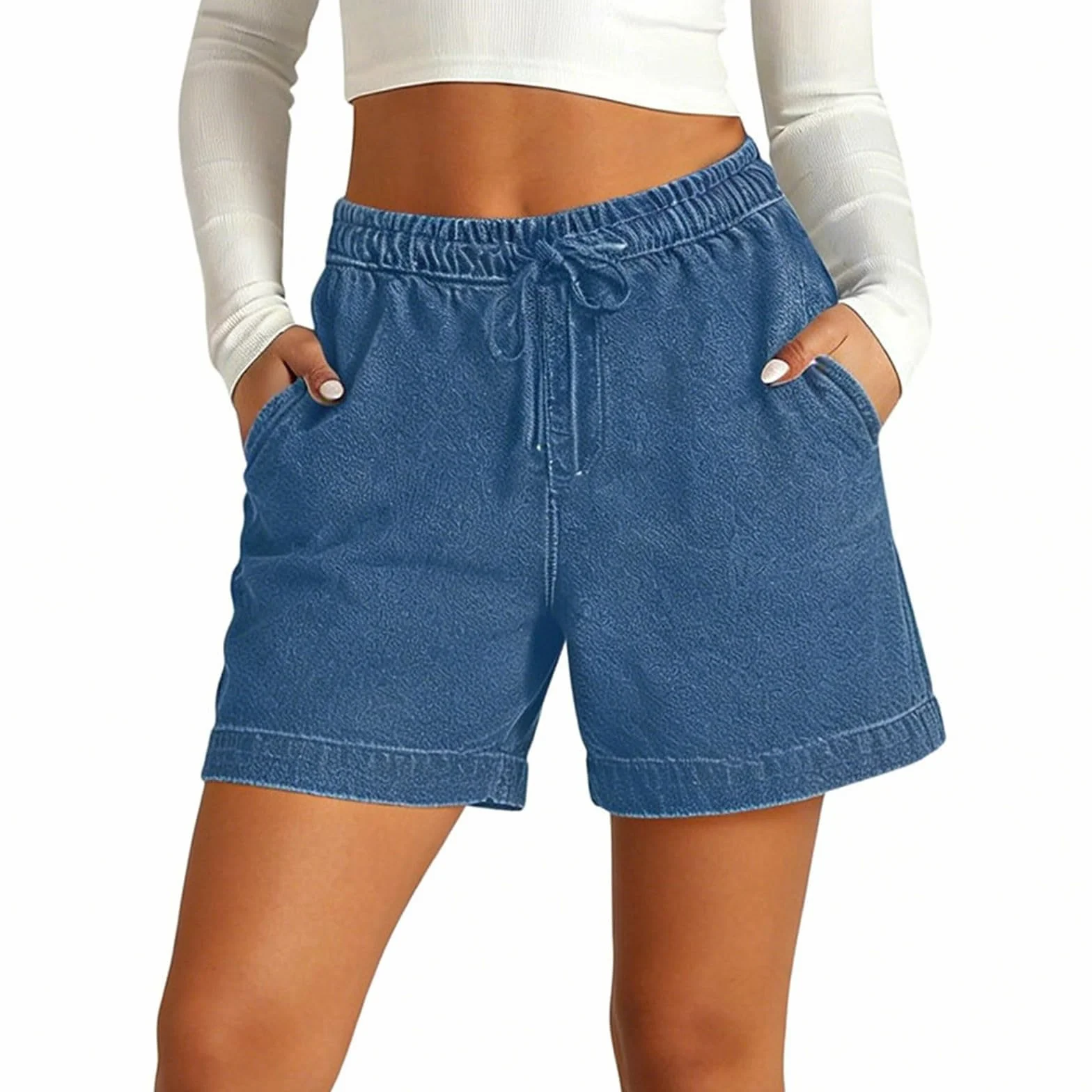 Short en jean ample pour filles - Short d'été à taille élastique avec poches à cordon de serrage - Respirant - Jambe large - Pantalon de sport décontracté