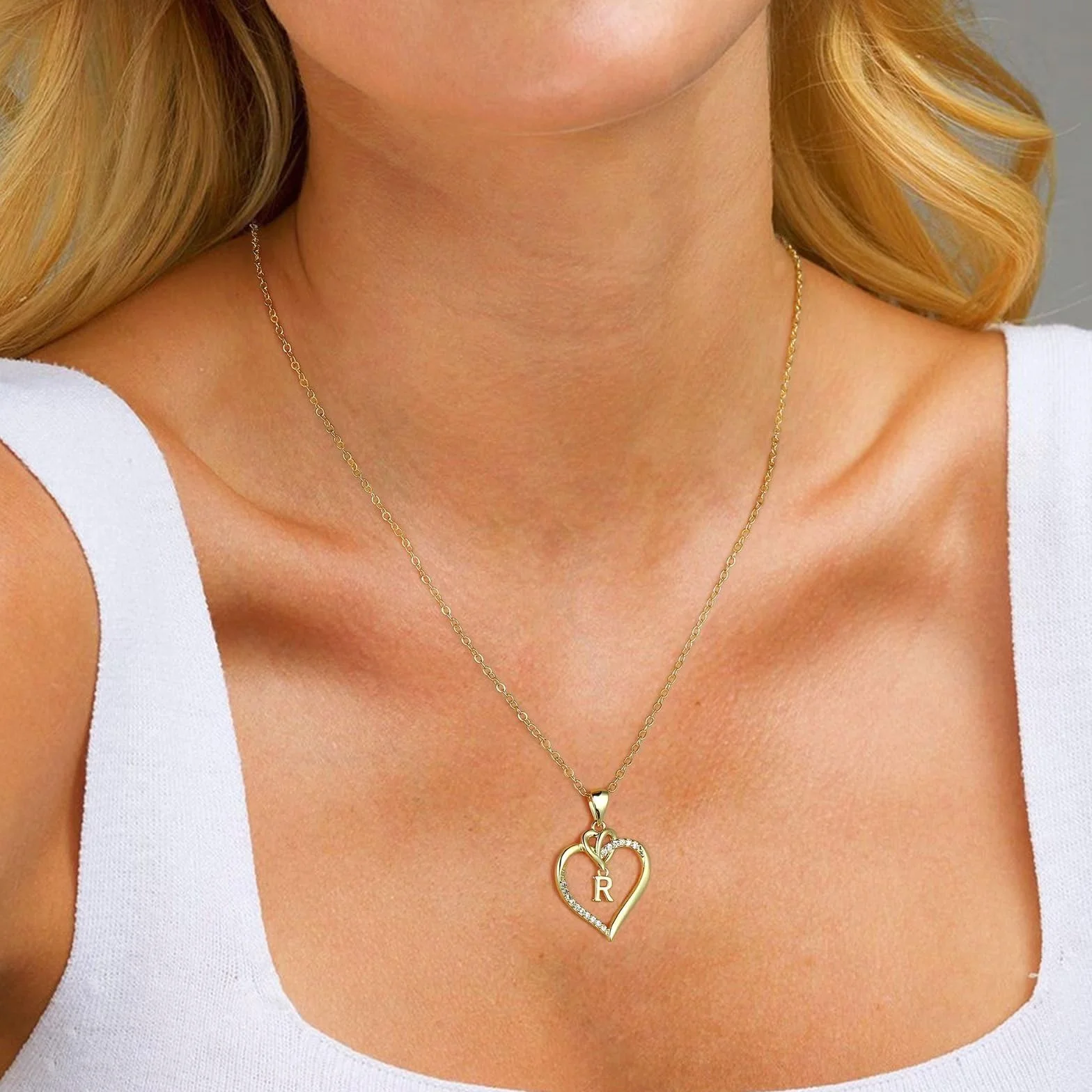 Collier Femme Or Plaqué 14 Carats Or Blanc Initiale Lettre Coeur Pendentif Zircone