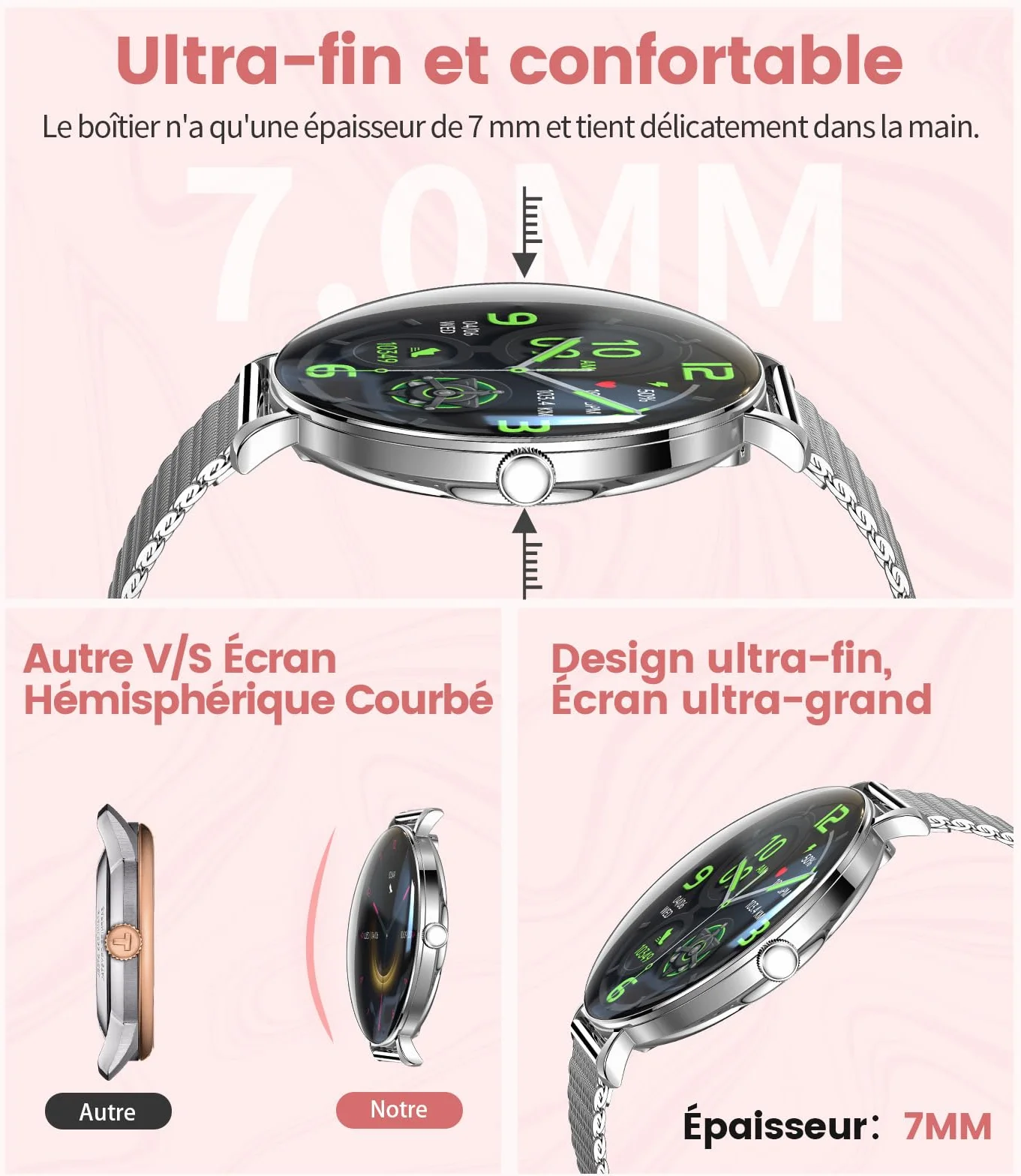 SUNKTA Montre Connectée Femme Léger avec 1.43'' Écran Courbé AMOLED Appels Cycles Menstruels/Podómetro/Fréquence Cardiaque 100+ Modes Sportifs 5ATM Imperméable Élégante Femme Smartwatch Android iOS