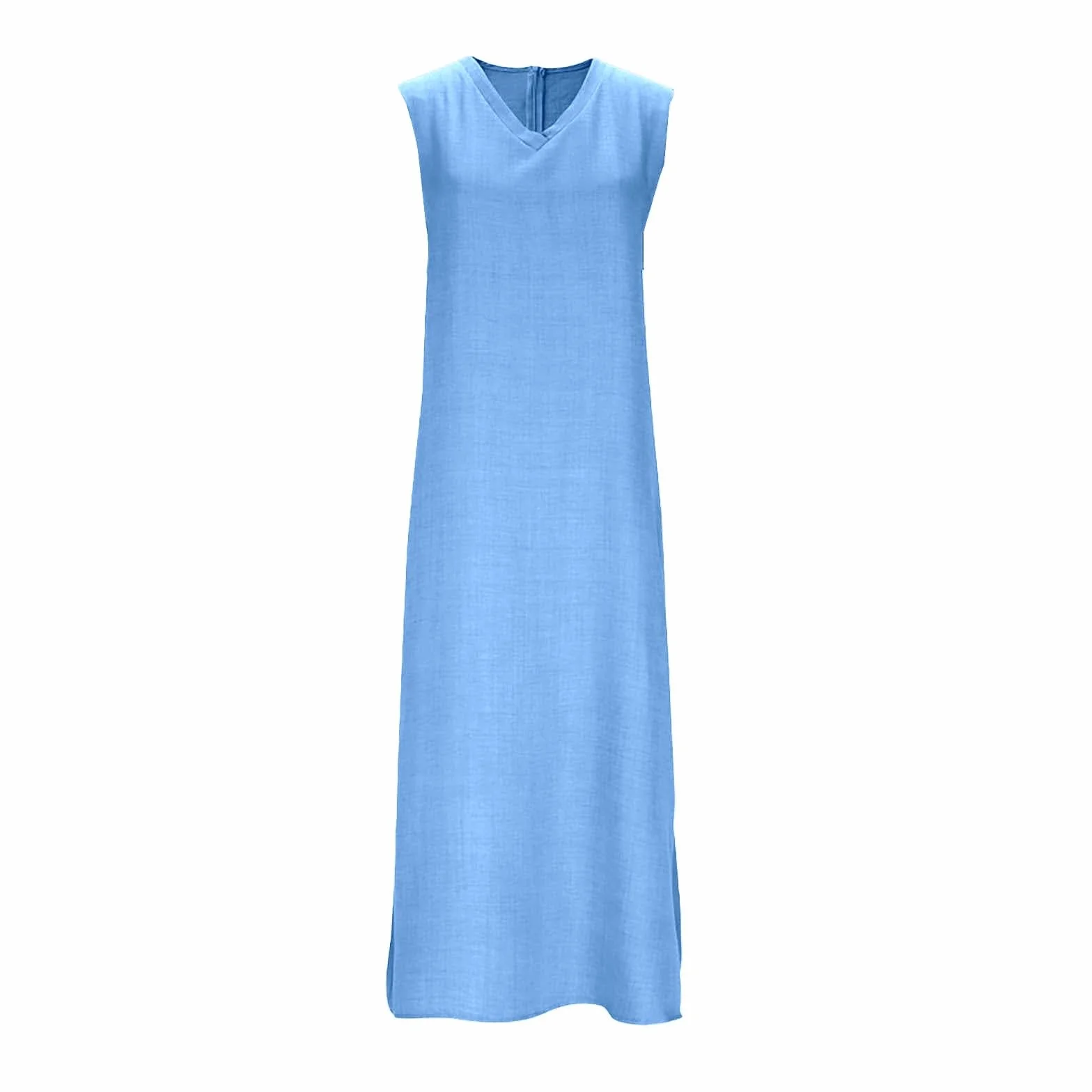 Robe d'été longue pour femme - Élégante robe longue en coton et lin avec poches et fermeture éclair - Col en V - Sans manches - Légère et aérée - Style bohème - Robe de loisirs - Robe de plage