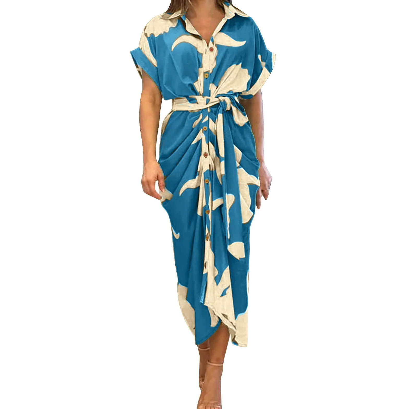 Generisch Robe chemise pour femme avec imprimé floral élégant, taille haute, col montant, manches courtes, grande taille