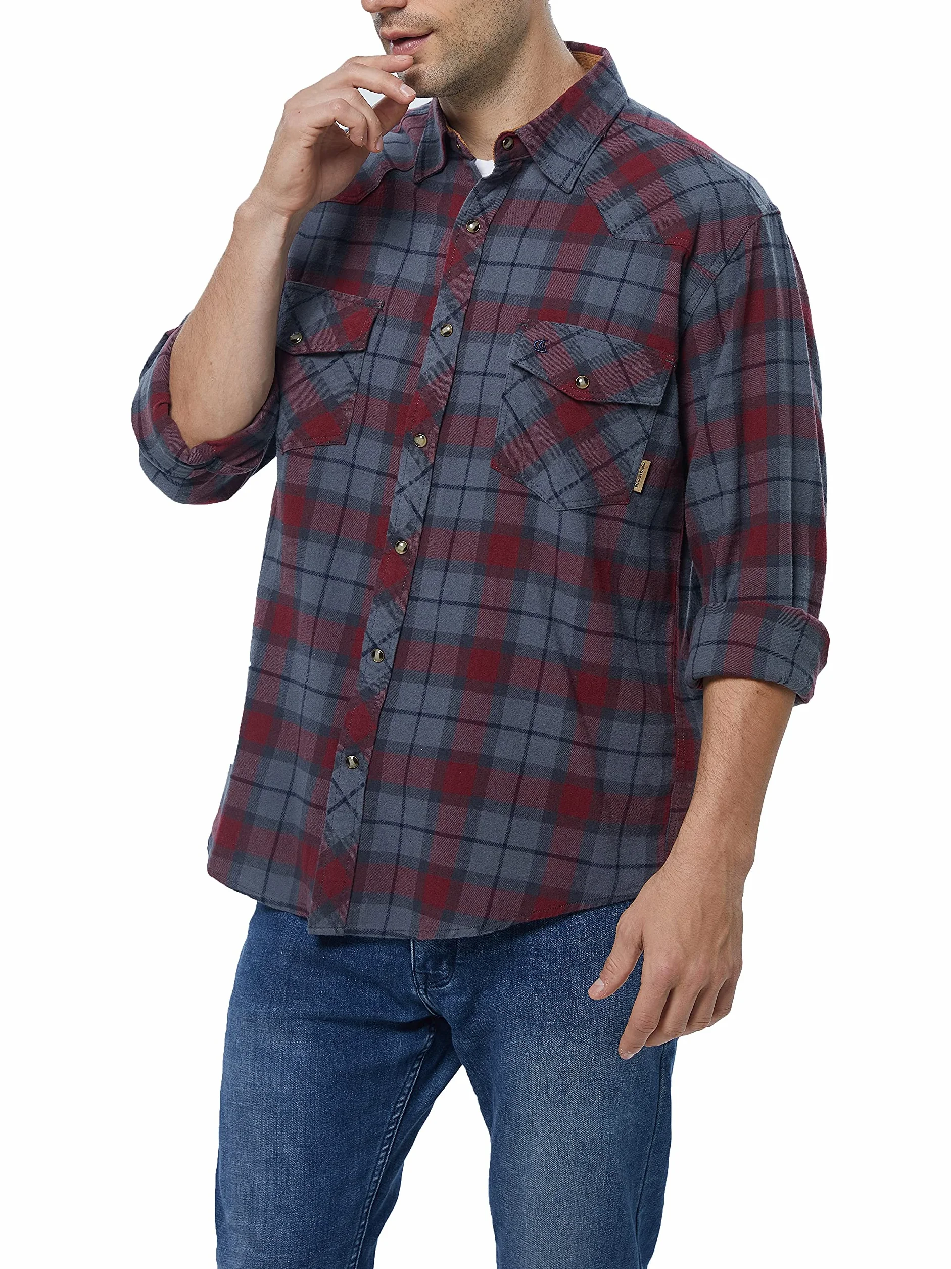 COEVALS CLUB Chemise de travail décontractée en flanelle pour homme, Merlot/gris #8, Taille L