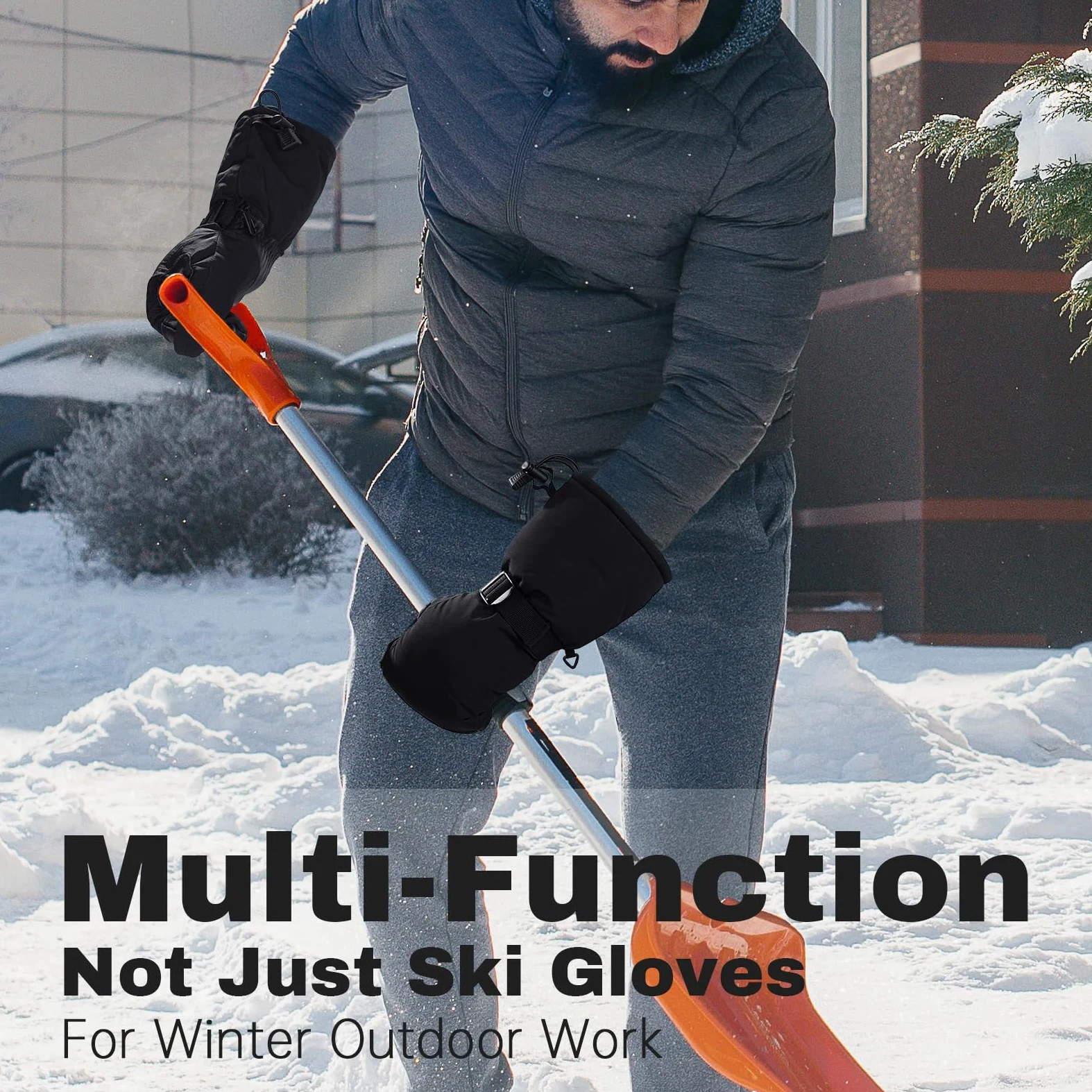 OZERO Gants d'hiver de ski coupe-vent Gants de travail en cuir de vache Paume imperméable pour ski/motoneige / pelle, Homme, noir, X-Large