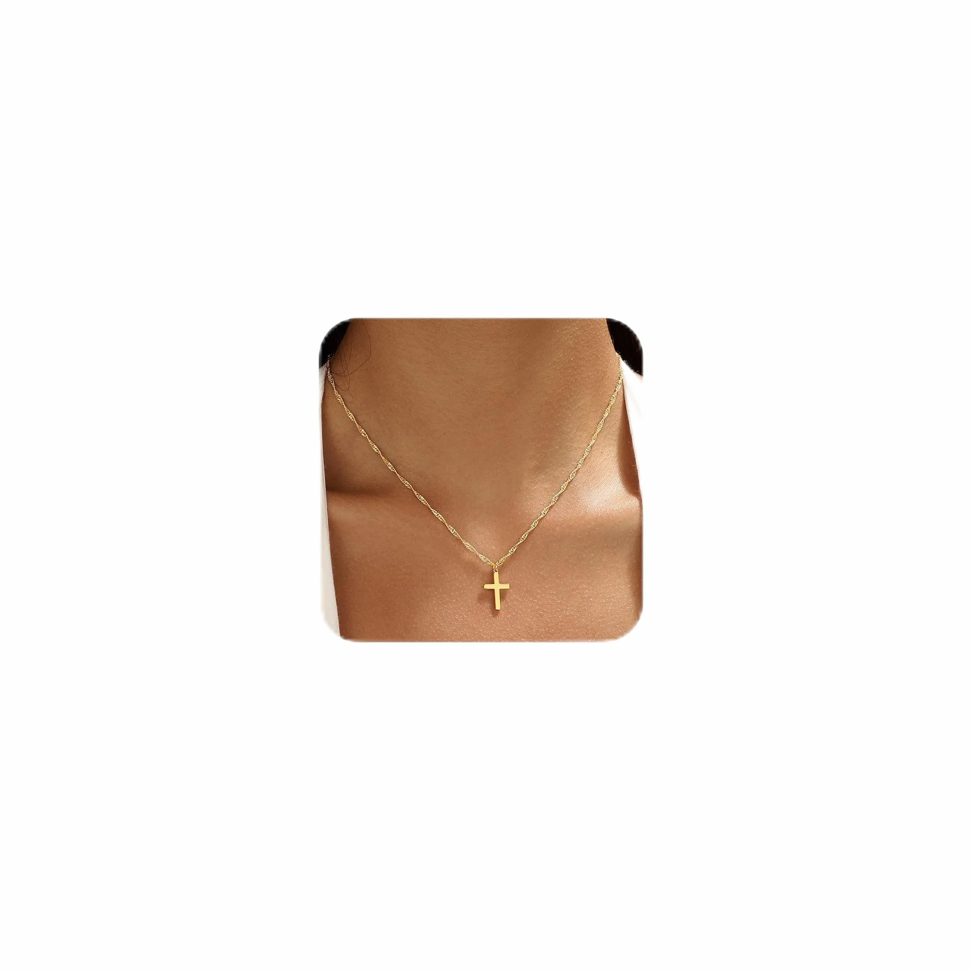 Collier Croix pour Femme Acier Inoxydable Or Pendentif Chaîne Carrée 38+5cm Bijoux Cadeau Baptême Chrétien
