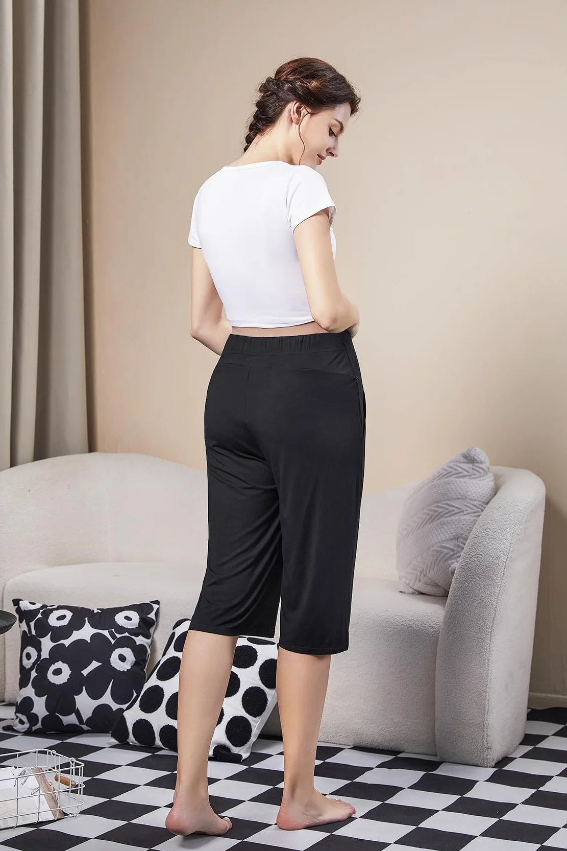 Pantalon Capri de Maternité, Capri Court de Grossesse en Viscose, Pantalon Léger Décontracté Doux au Toucher avec Poches