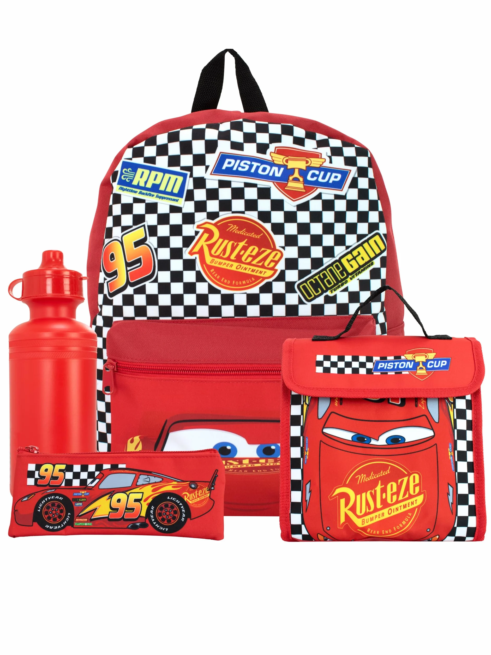 Disney Cars Ensemble de Sac à Dos 4 pièces | Lightning McQueen Sac à Dos Trousse Bouteille d'eau et Sac à déjeuner | Sacs à Dos pour Enfants pour l'école et Les Aventures