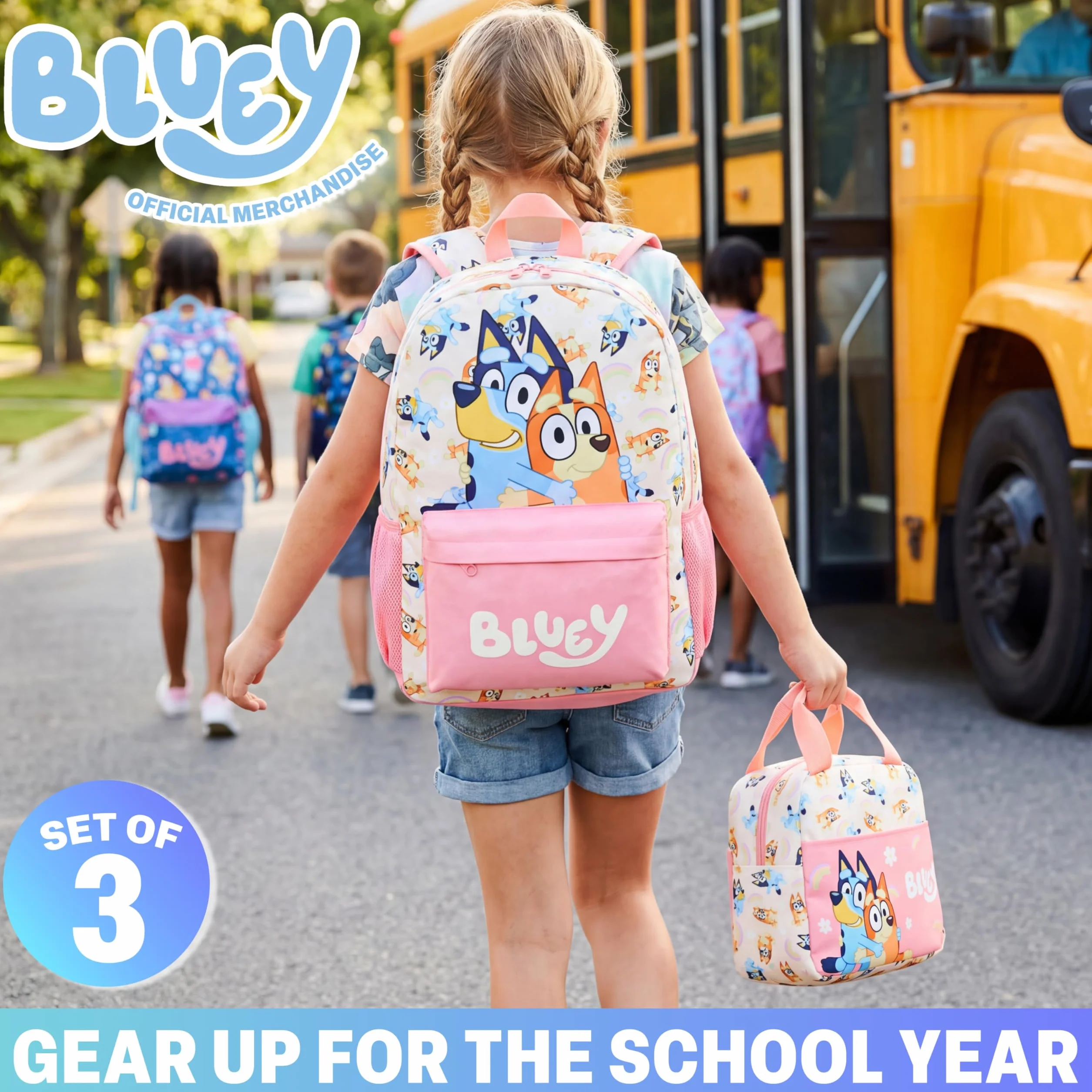 Sac à Dos Fille Bluey Set 3 Pièces Sac Isotherme Trousse Scolaire