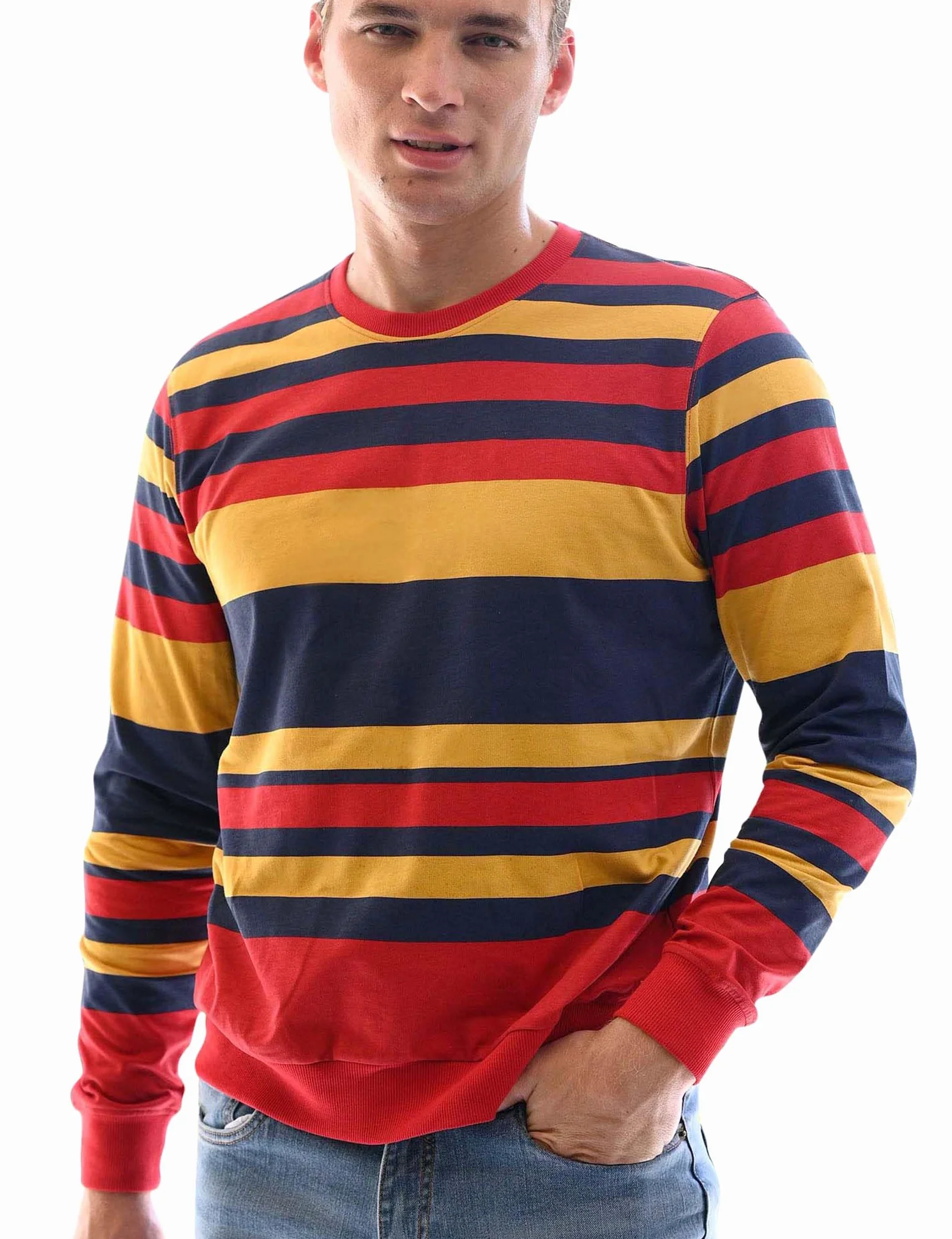 Sweat-shirt classique à rayures pour homme – Pull à col rond avec manches longues, poignets et ourlet côtelés solides – Tissu éponge doux au toucher, décontracté et tendance