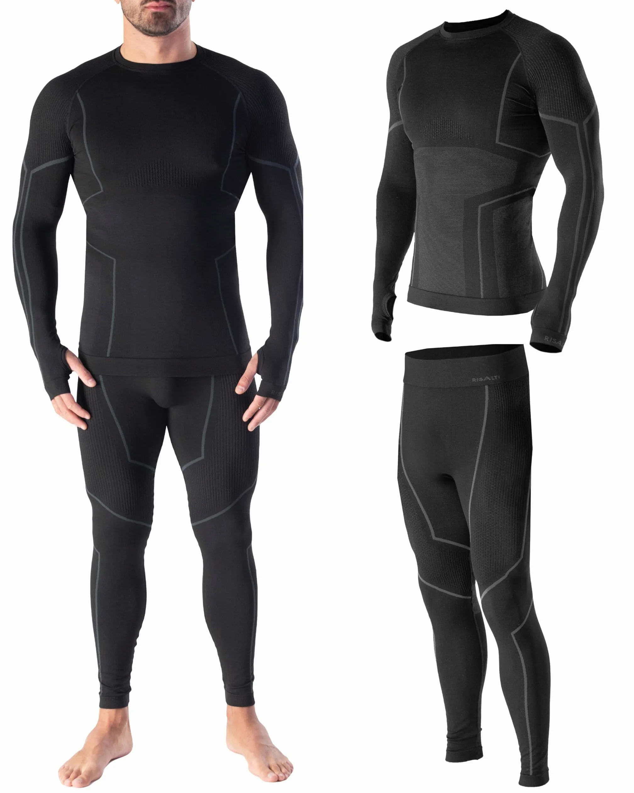 Risalti sous Vetement Thermique Homme Laine Merino Tech – Ensemble Thermique Homme Hiver avec Haut Et Collant en Laine Mérinos Premium et Dryarn, Seamless, Respirant, Thermorégulant – Made in Italy