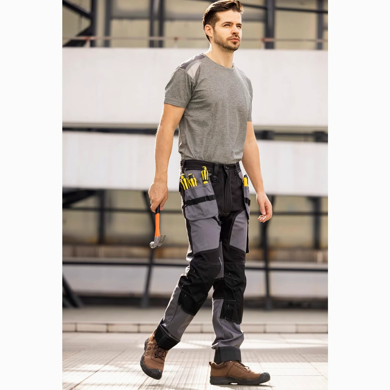 WORK IDEA Pantalon de Travail Homme, Poches Genoux Oxford, Pantalon en Coton Stretch