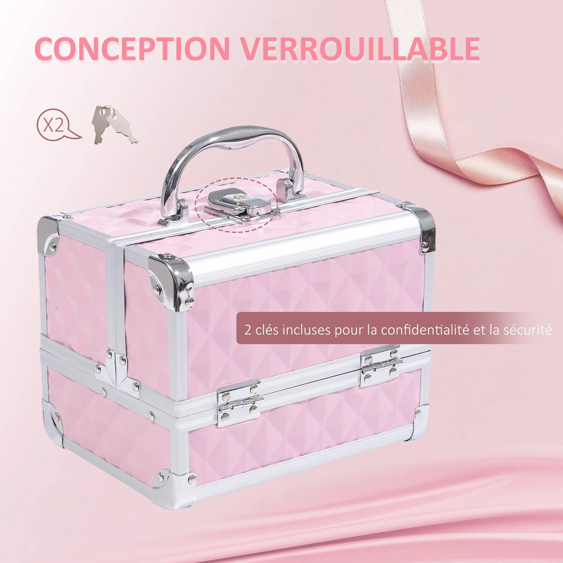 HOMCOM Mallette à Maquillage Rangement 3 Niveaux Miroir Verrouillage 2 Clés