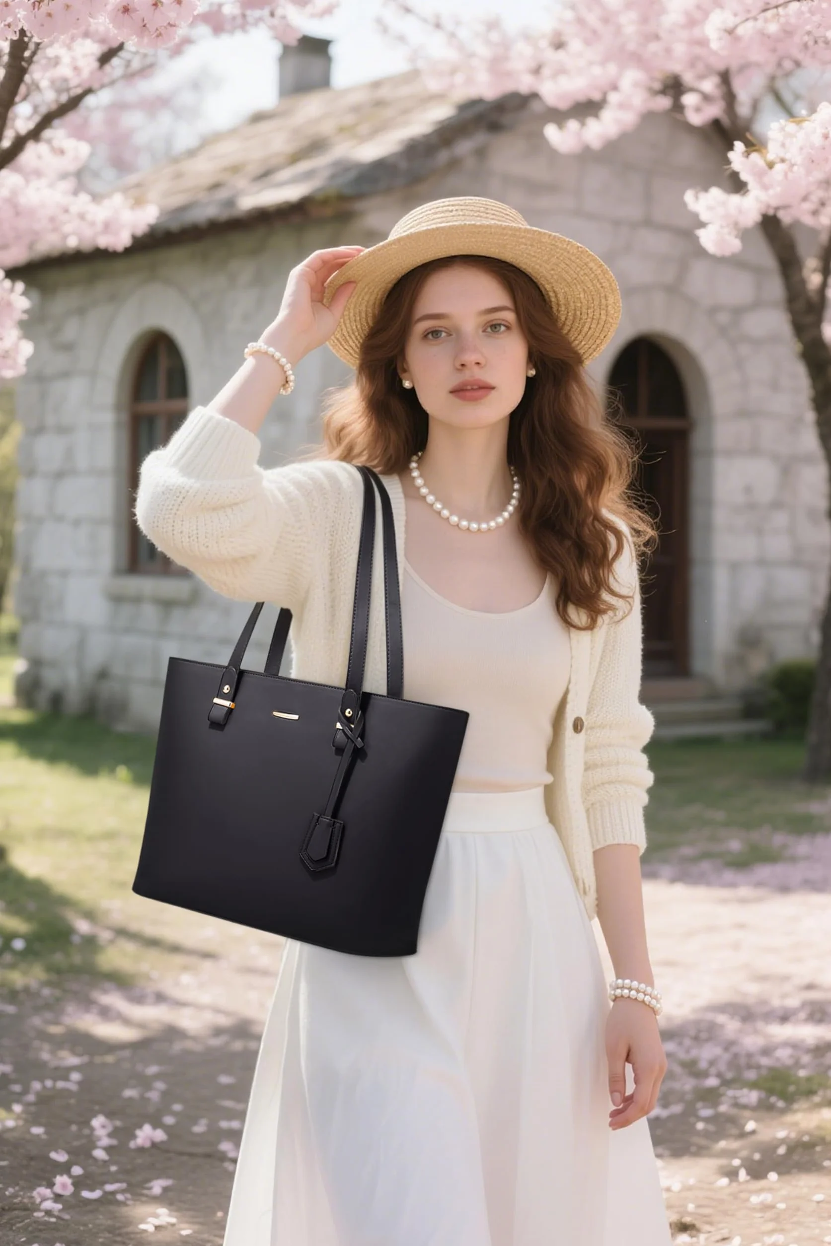 Sac à Main Femme 4 Pièces — Grand Cabas PU Cuir Élégant avec Bandoulière, Pochette et Porte-Carte, Idéal Université, Travail, Shopping, Voyage Noir