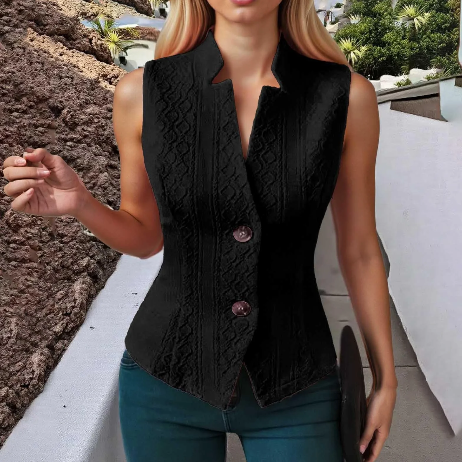 Gilet pour femme, aspect blazer cintré, veste sans manches avec col montant, gilet élégant avec boutonnière asymétrique