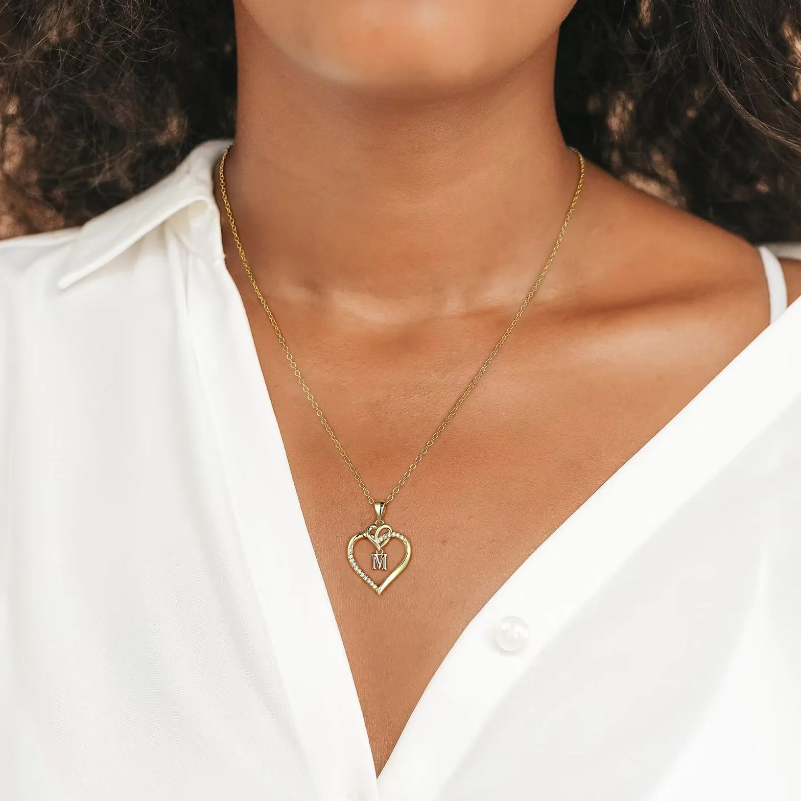 Collier Femme Or Plaqué 14 Carats Or Blanc Initiale Lettre Coeur Pendentif Zircone