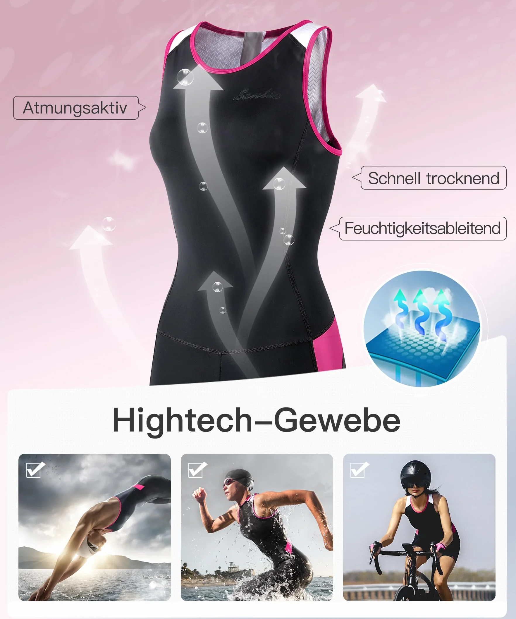 Santic Combinaison de triathlon pour femme - Sans manches - Rembourrée - Séchage rapide - Pour le cyclisme, la natation, la course à pied