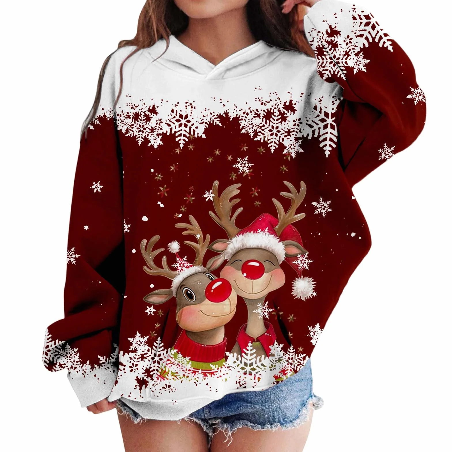 Sweat Noel Fille à Capuche De Noel Enfant Pull Moche Fille Manches Longues Thermique Enfants avec Imprimé Renne Noël Sweatshirts De Noels Veste d'hiver Enfants Vêtements de Noël Sweatshirt