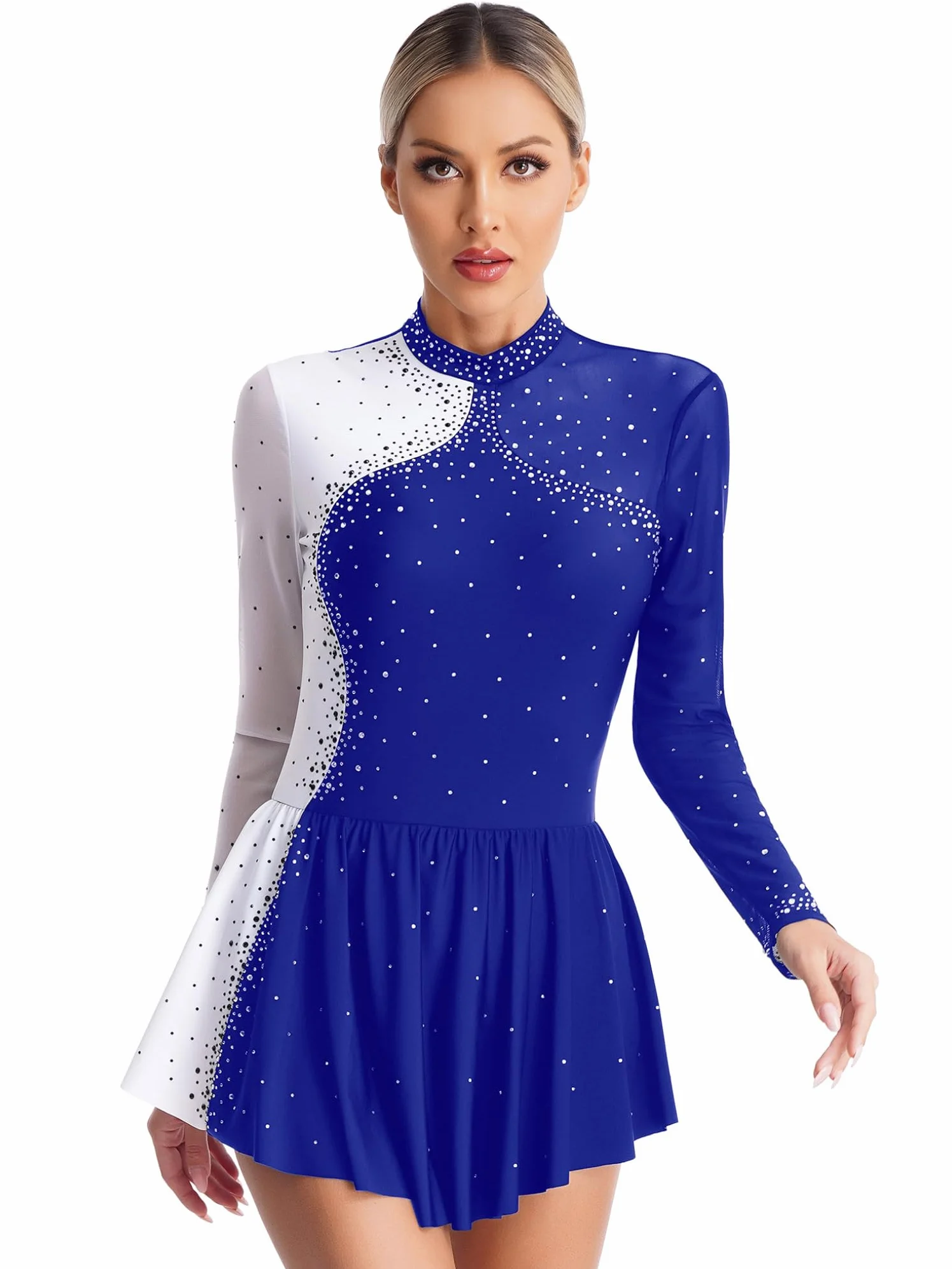 Kaerm Robe de Patinage Artistique Femme Justaucorps Dos Nu Gymnastique Robe Tutu Col montant Danse Classique Tenue Patineuse Danseuse à Strass XS-XXL