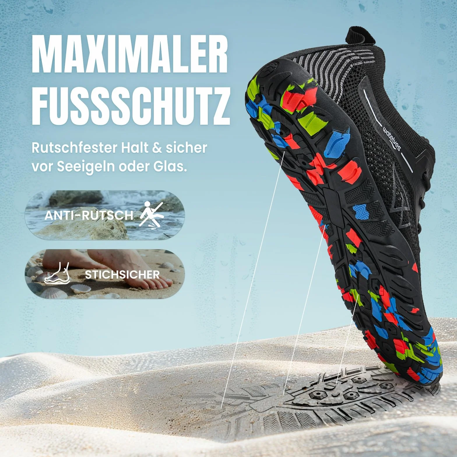 WateLves Chaussures De Bain Et d'eau pour Femmes Et Hommes,Sèches Vite,Faciles À Enfiler.pour Plongée,Surf,Sports Nautiques,Randonnée,Yoga,Quotidien.Tailles 36-48 EU