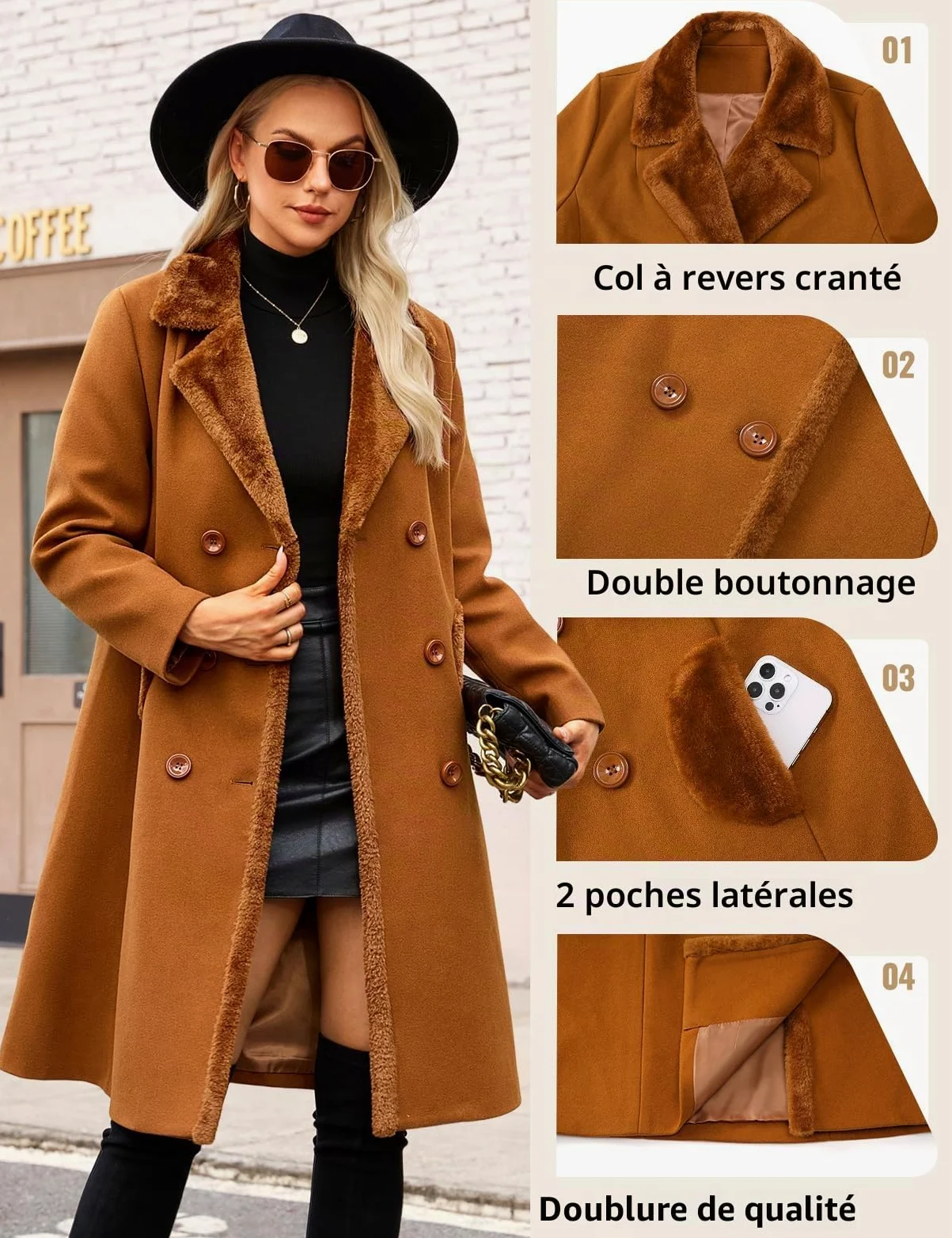 Yuson Girl Manteau Femme Hiver Longue Classiques Double Boutonnage Manteau Chaud Coupe Vent Manteaux Mi-Long Automne Hiver Trench Coat à Revers Chic et Élégant avec Poches