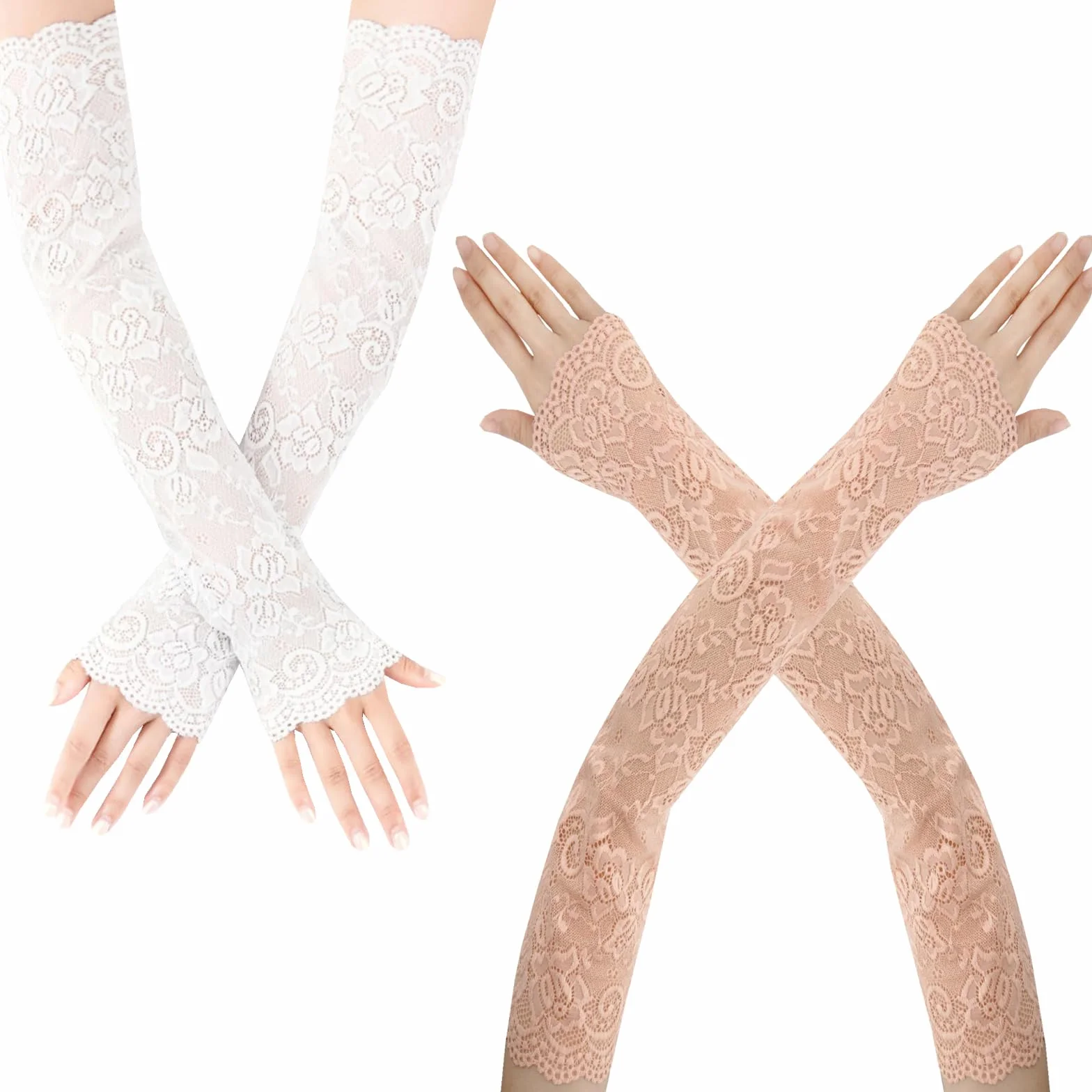 2 Paires Manchettes Bras en Dentelle Gant Long Mittaine Elastique Sans Doigts Floral Protection de Soleil Plage Vacances