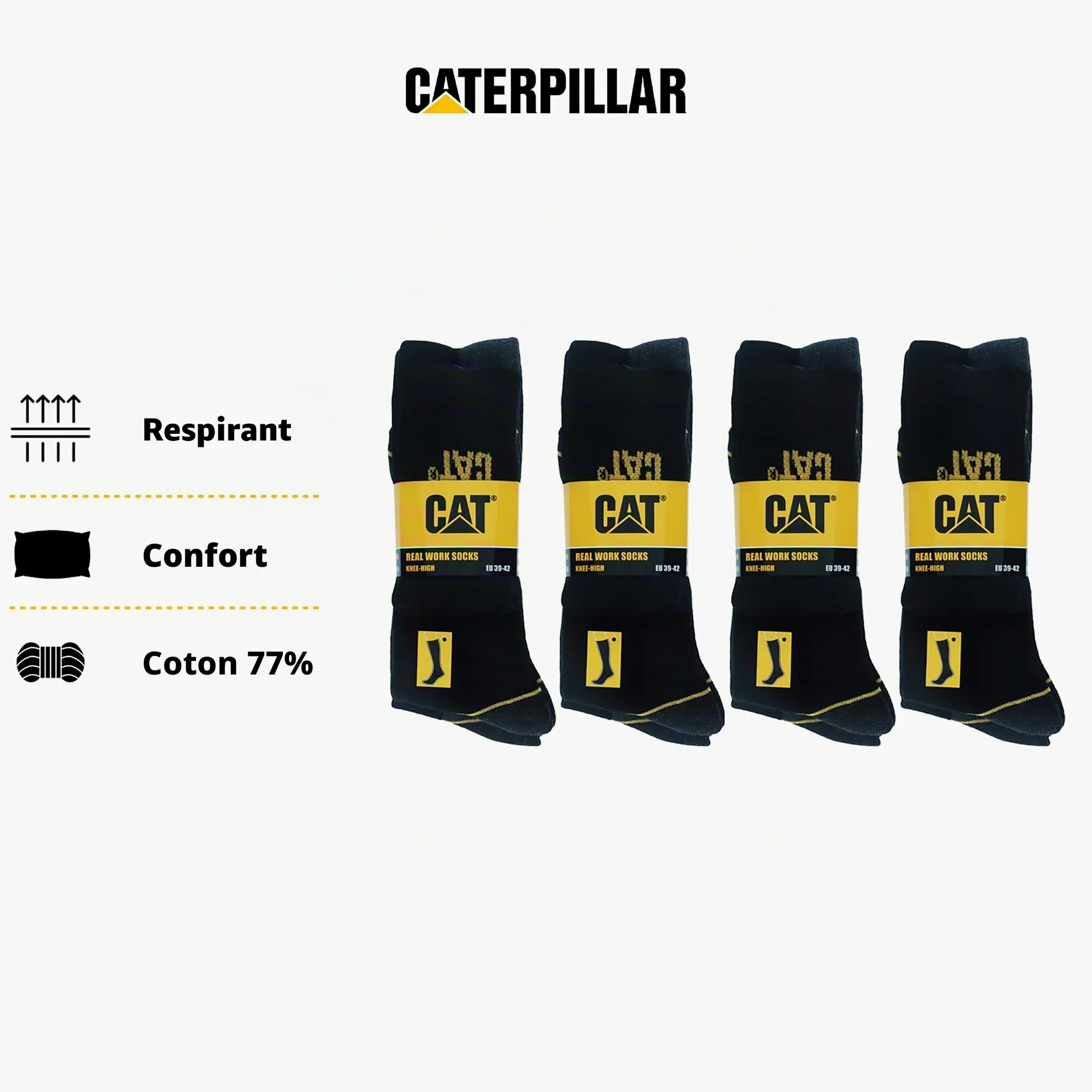 Caterpillar 4 Paires Chaussettes Longues Travail Hommes - Renforcées Talon et Pointe - Coton
