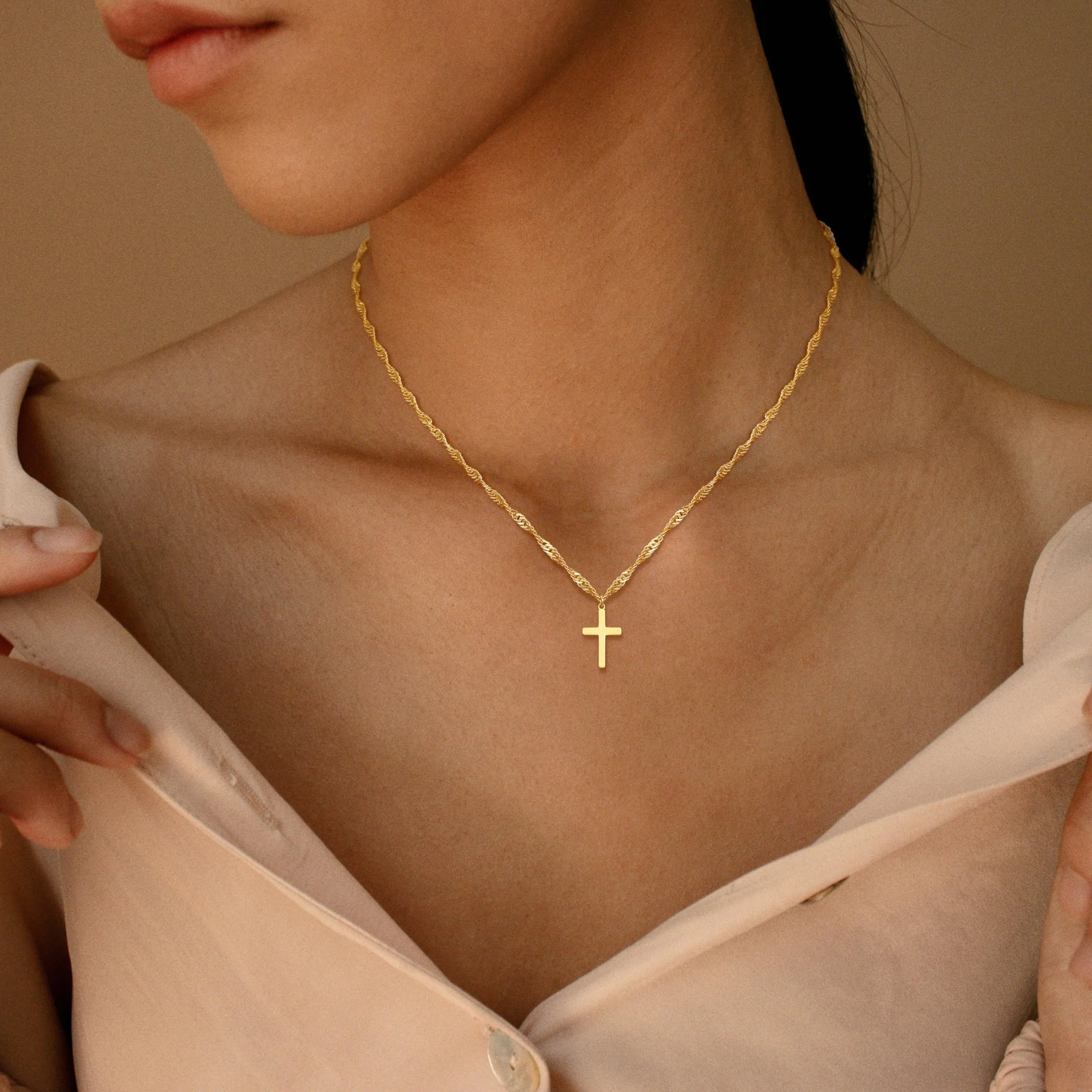 Collier Croix pour Femme Acier Inoxydable Or Pendentif Chaîne Carrée 38+5cm Bijoux Cadeau Baptême Chrétien
