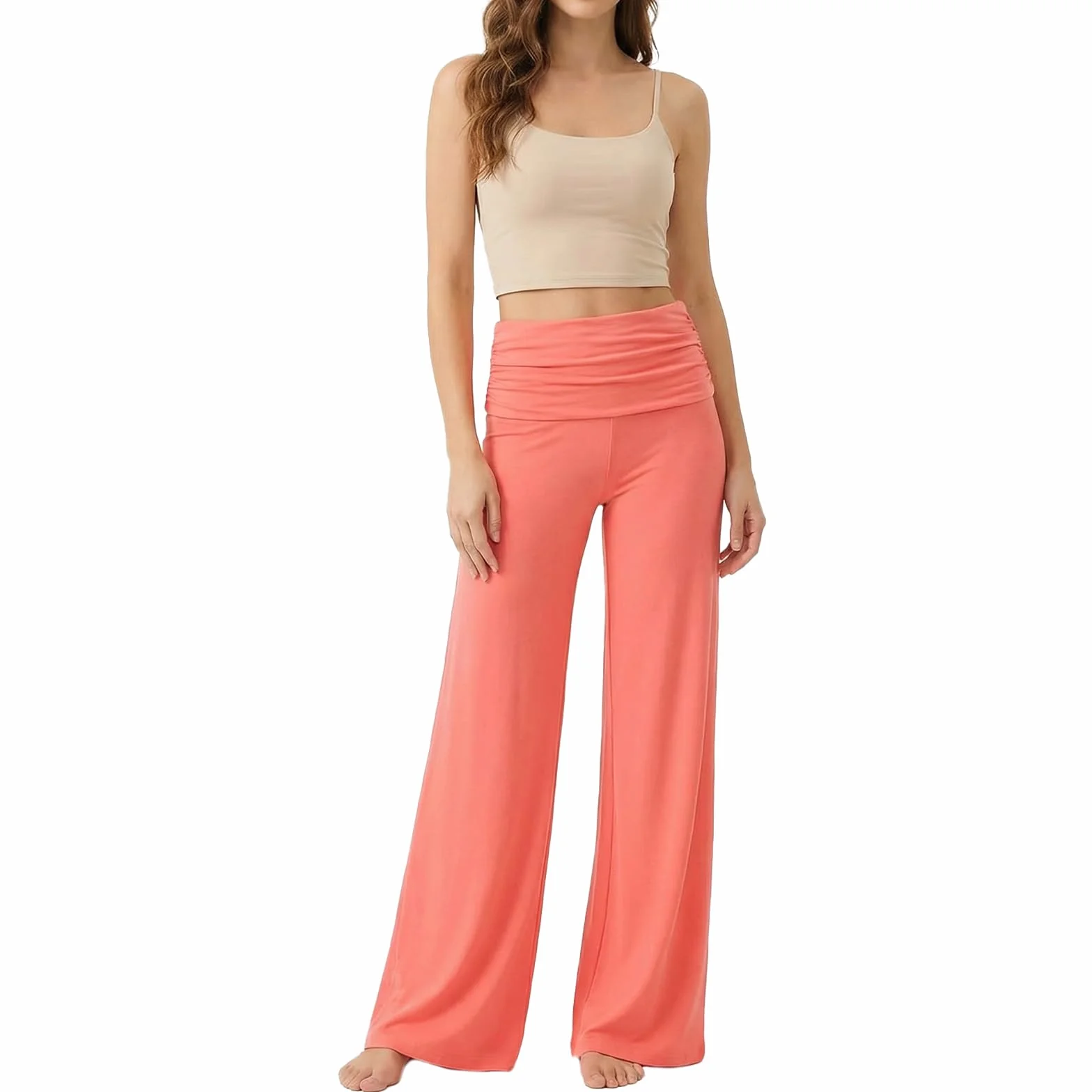 Pantalon de yoga pour femme - Coral Fold-Over - Pantalon palazzo ample avec taille froncée - Pantalon décontracté avec ourlet haut