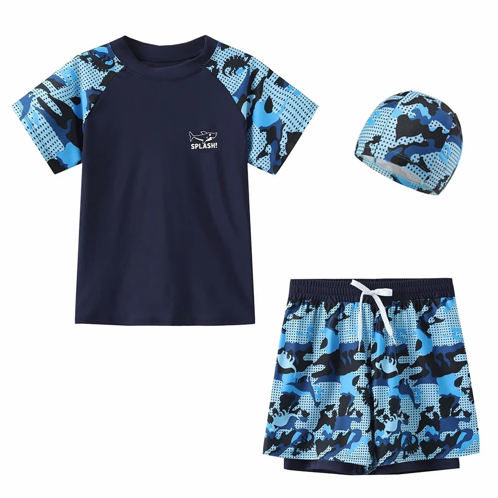 FedMois Maillot de Bain Garçon 3 pièces Combinaison Anti UV T-Shirt + Shorts de Bains avec Doublure de Compression + Bonnet de Bain